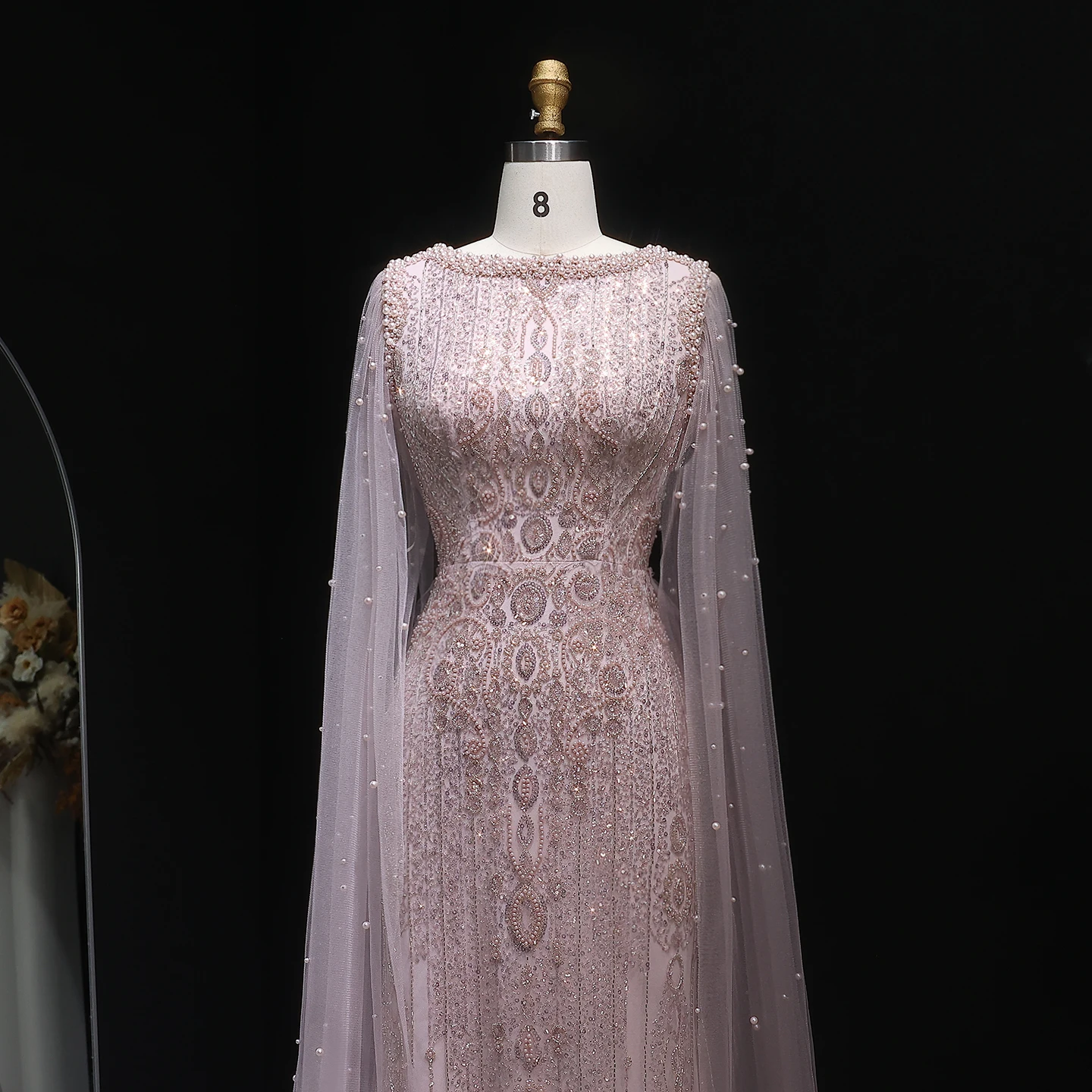 Sharon Said Luxuriöses Champagner-Abendkleid mit Cape-Ärmeln, Pailletten und Perlen, für formelle Anlässe und Partys, SS668, maßgeschneidert – Detail 11