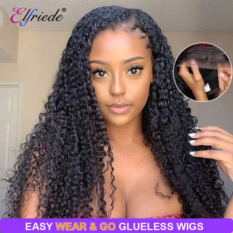 

Elfriede Kinky Curly Glueless Wigs Human Hair Ready to Wear 4X4 Lace Closure Natural Black Precut Preplucked Hair Wigs for Women