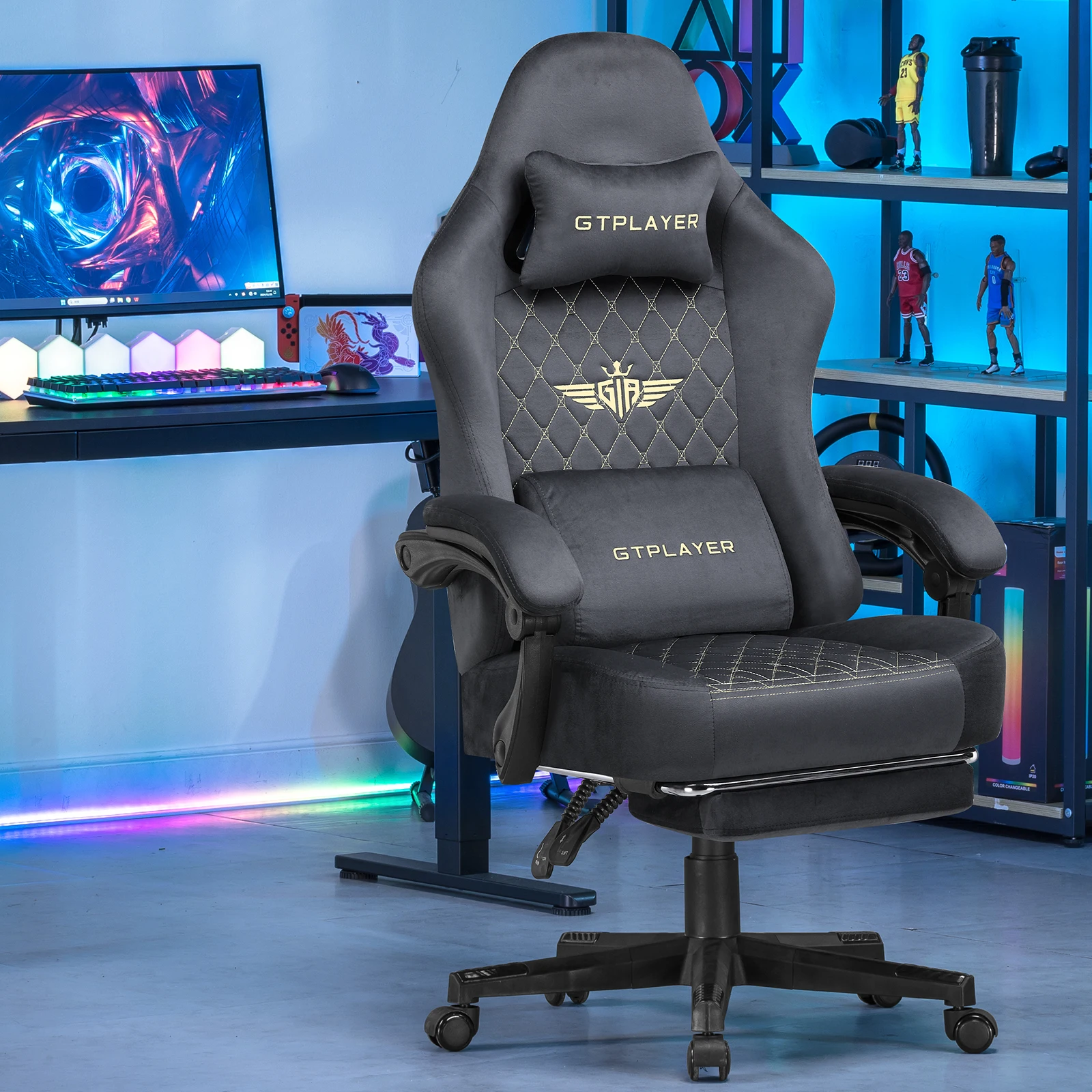 GTPLAYER Gamingstoel van Stof Ergonomisch voor PC met Voetensteun en Verenkussen, 150KG Draagvermogen, Verstelbare en Draaibare Bureaustoel