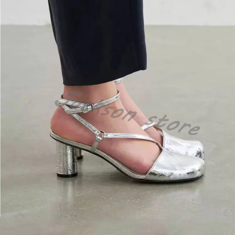 Silver Metallic Leather Round Toe Thick Heel Sandals for Women Casual Cross Strap Buckle High Heels Sexy Strappy Open Toe Pumps