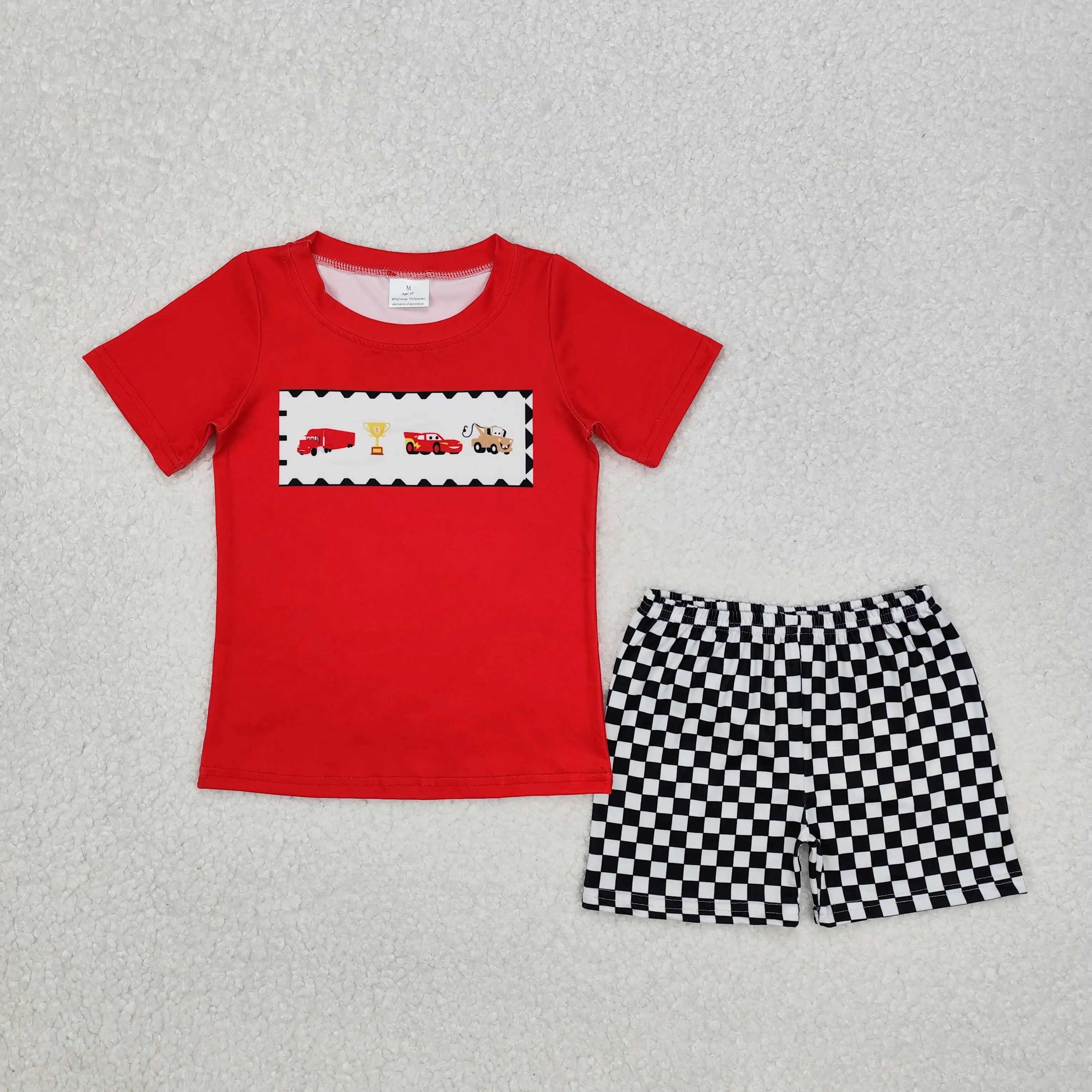 Summer Match Baby Boys Car Engineering Car Trophy Red Short Sleeve Black Set White C Wholesale Boutique Fashion Children Clothes