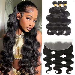 Zestawy z przodu Body Wave Brazylijski dziewiczy ludzki włos 3 zestawy z koronką 13x4 HD Zestawy włosów z przodu w naturalnym czarnym kolorze