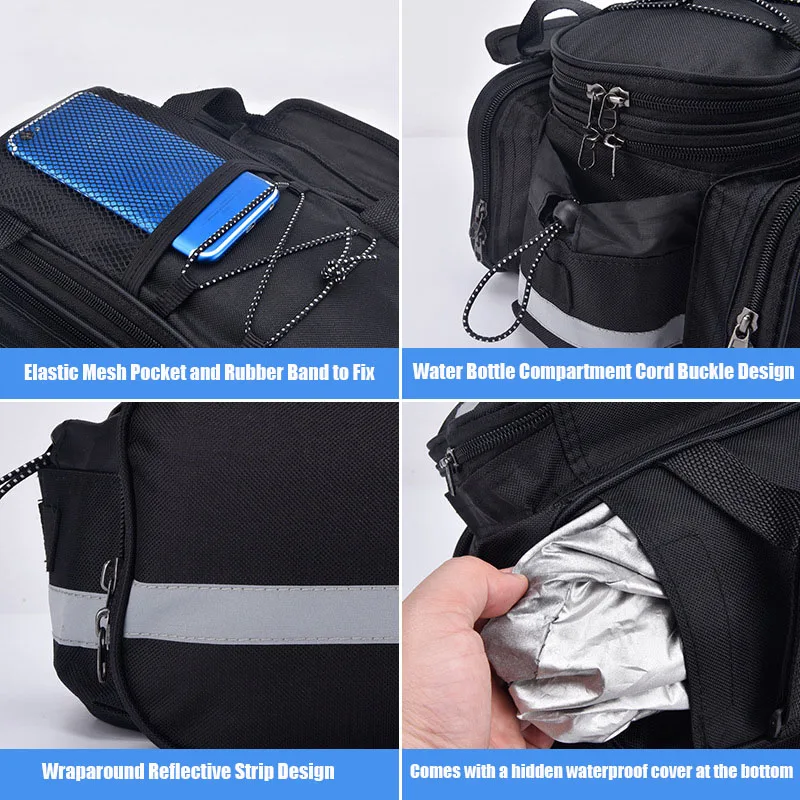 Large Capacity Bicycle Pannier Bag Mountain Bike Rear Shelf Bag Waterproof Storage Luggage Bag Saddle Bag with Reflective Strip