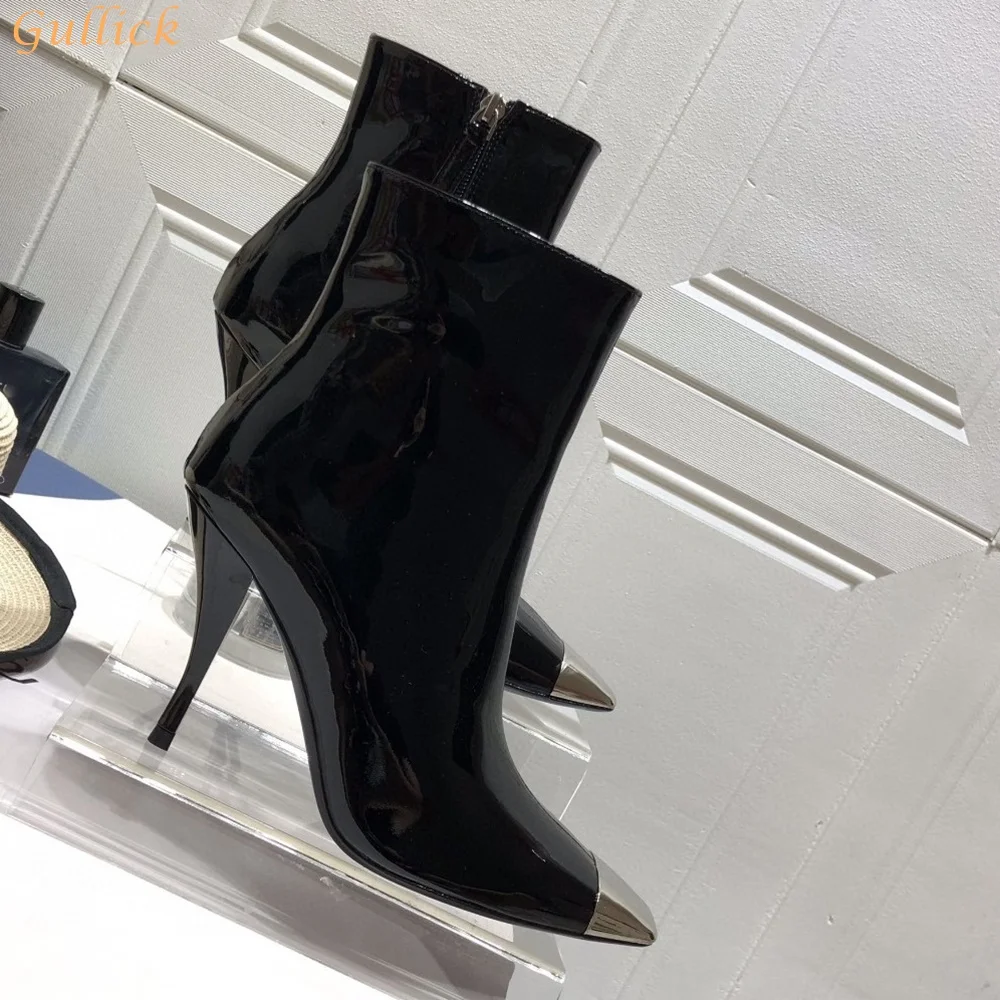 Black Patent Leather Ankle Boots Metal Pointed Toe Stiletto Heels Bright Short Boots Side Zipper High Heel Women Sexy Boots