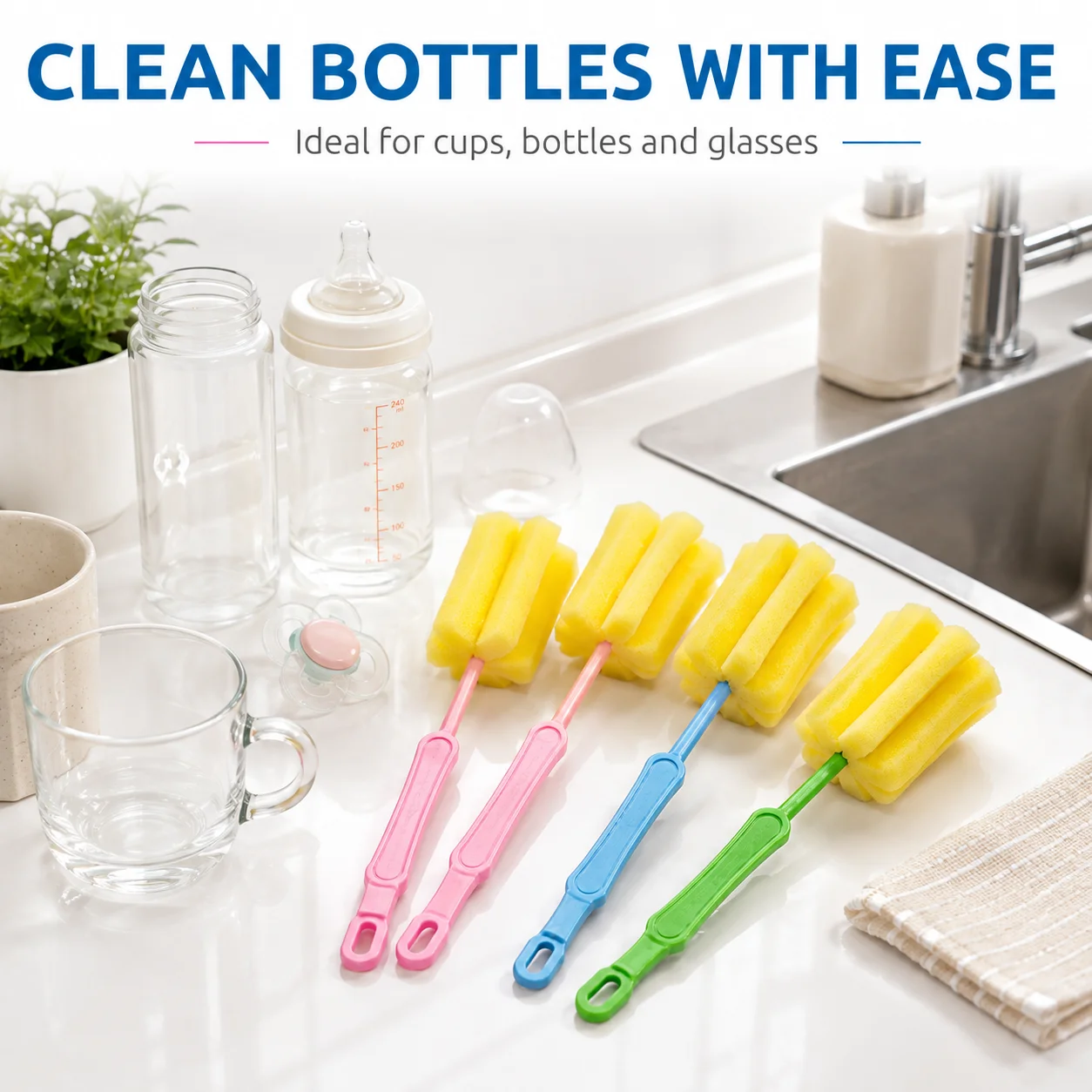 Multi Purpose Bottle Brush with Sponge Head, Long Handle Cleaning Brush for Bottles Cups Kitchen Sink Glassware Baby Bottle and Home Cleaning