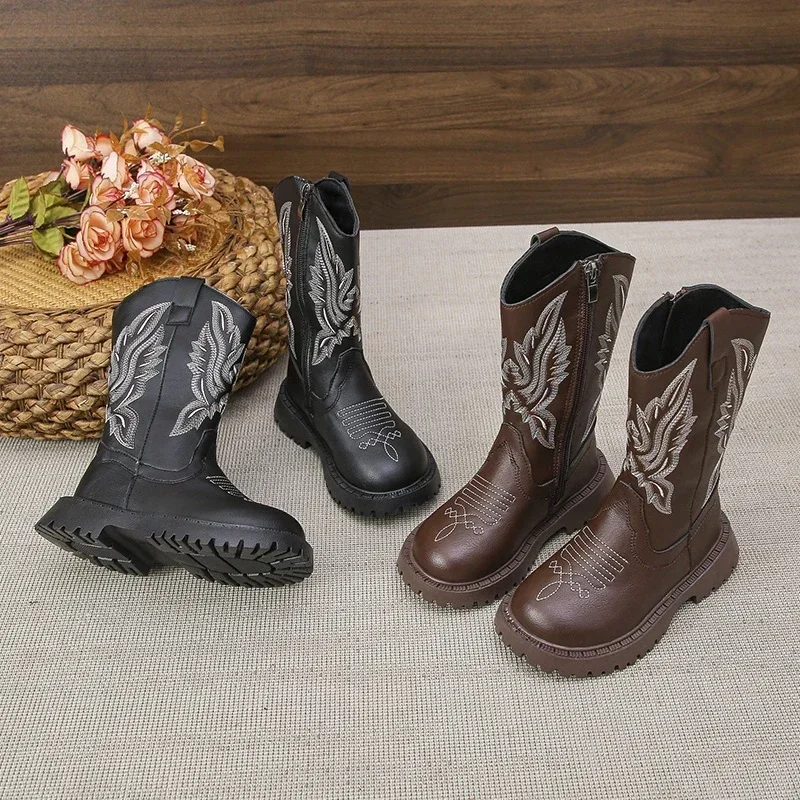 Enfants bottes en cuir classique Cowboy broderie filles longs chaussons enfants hiver bout rond doux chaussures de neige mode bottes de neige
