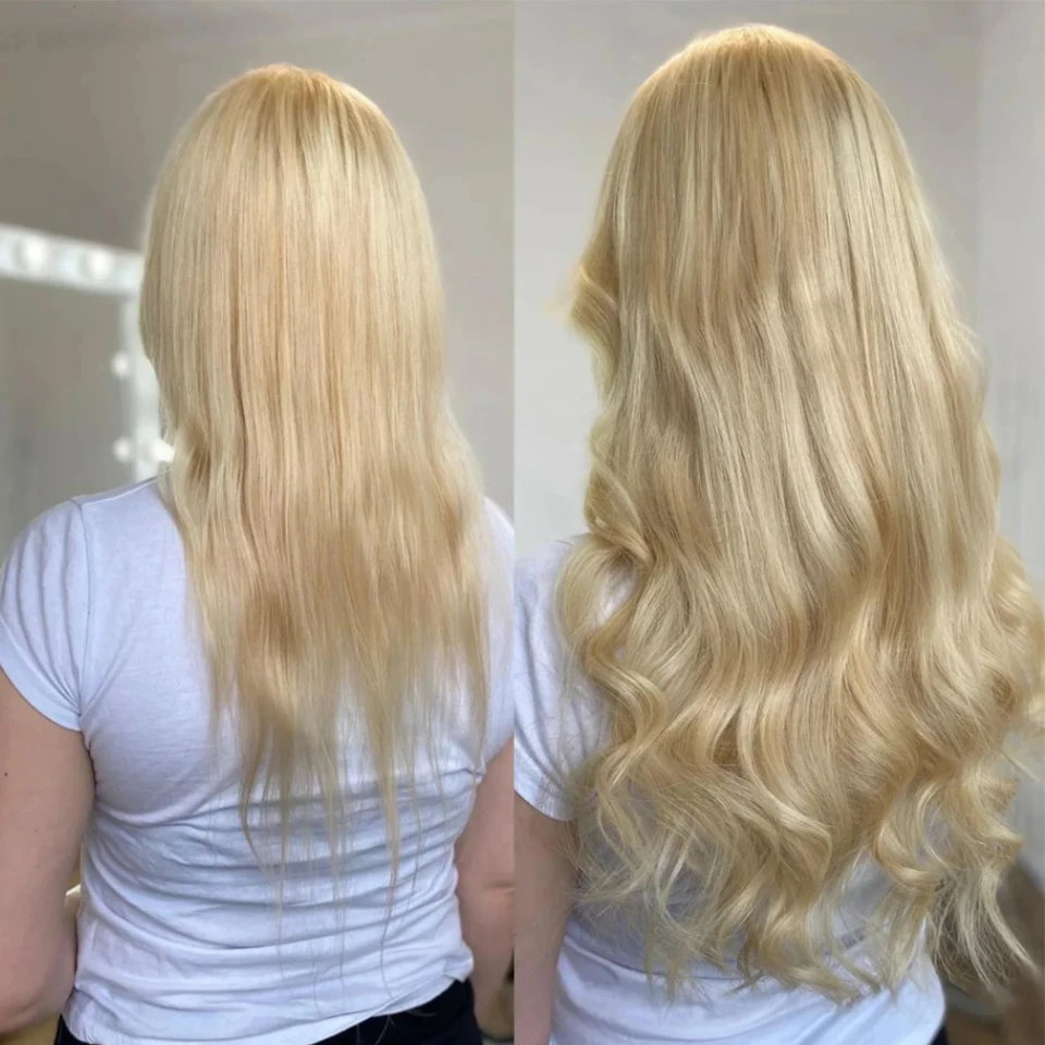 Audelami 613 Bleach Blonde Straight Clip in Hair Extensions 120g/7Pcs Straight Remy Hair Extensions Full Head Thick Double Weft