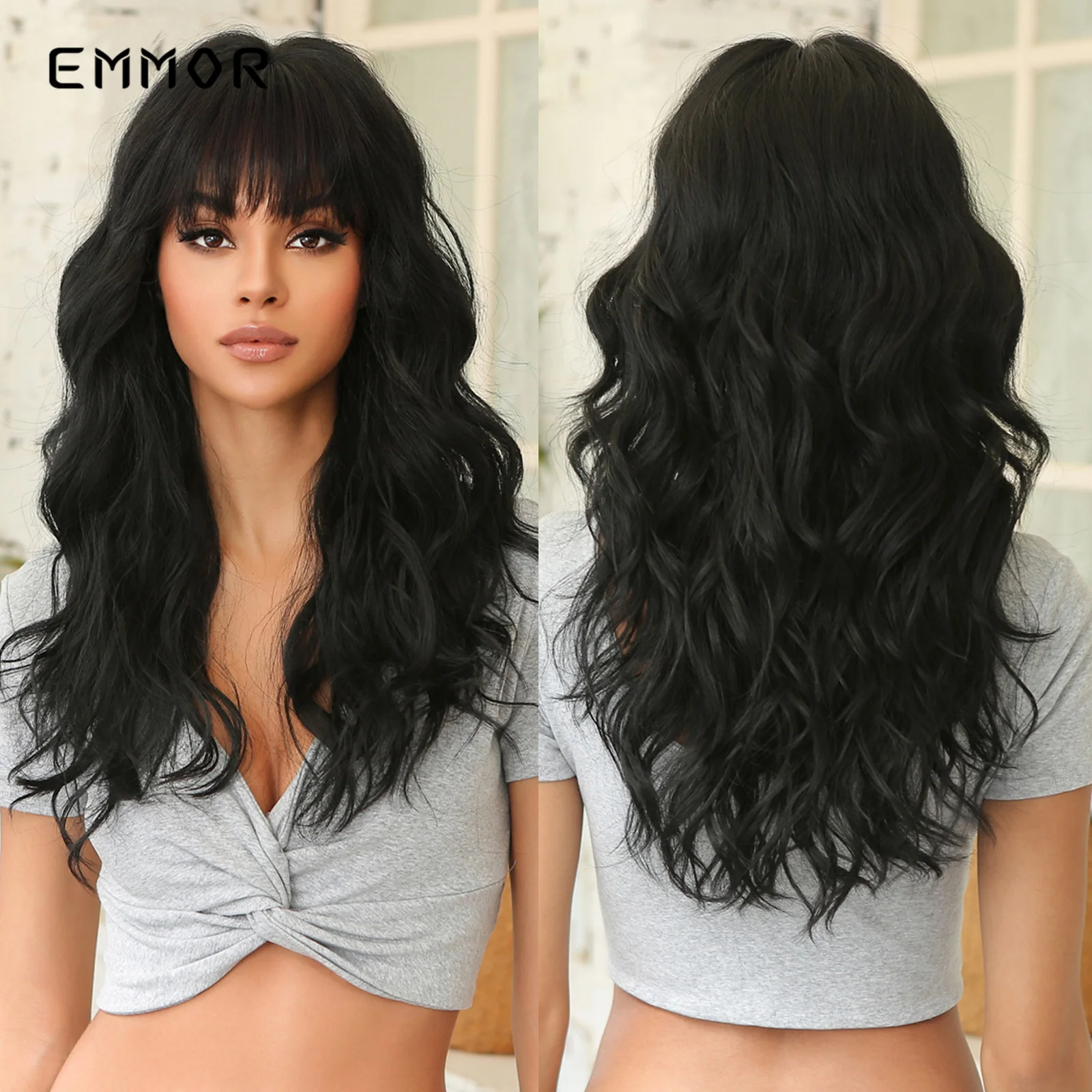 Emmor Black Long Wave Wigs with Bangs for Women High Quality Synthetic Wig Cosplay Party Natural Heat Resistant Synthetic Hair