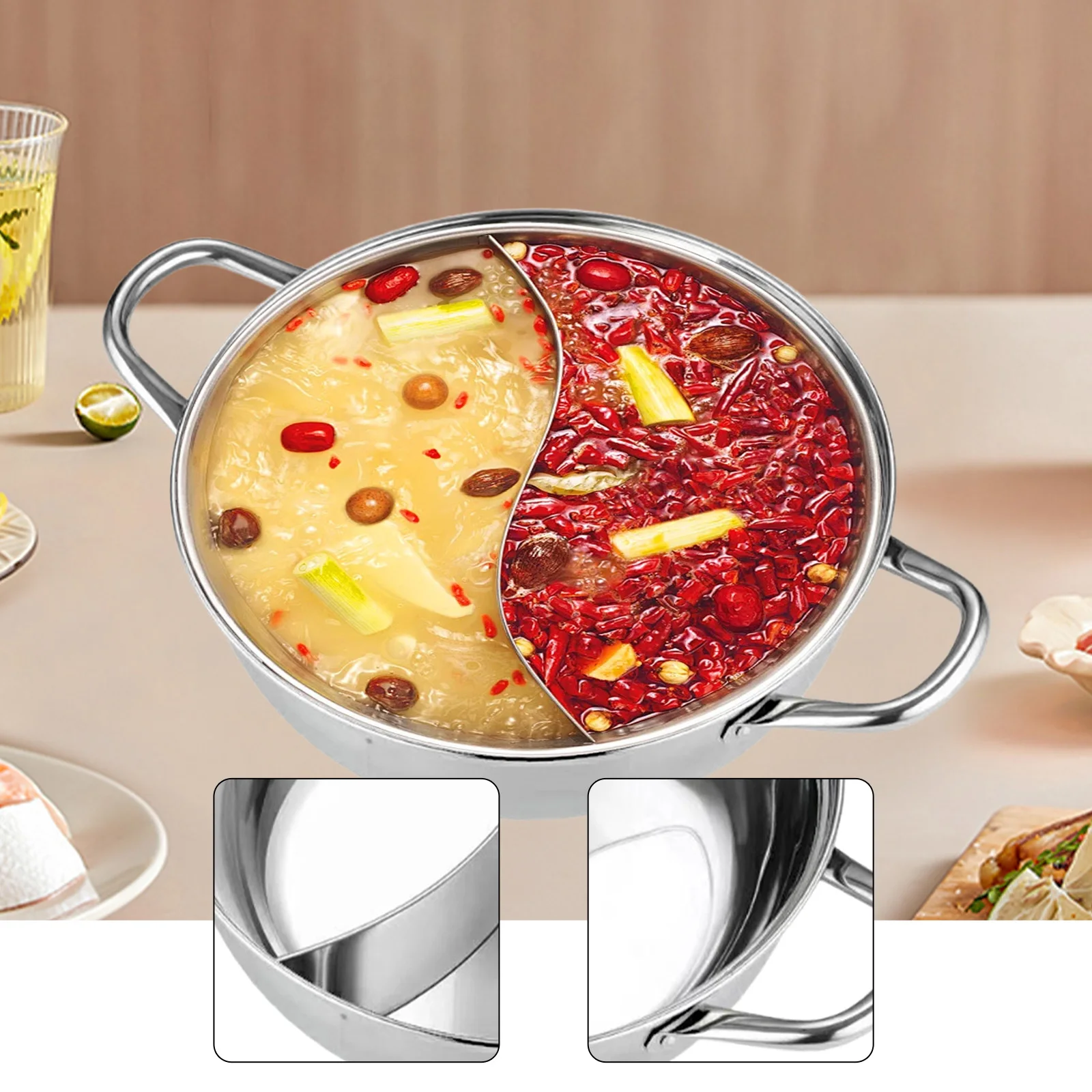 Professional Double Taste Hot Pot Stainless Steel Induction Cooker Pot Multi-Purpose Chinese Hot Pot for Soup Stew Shabu