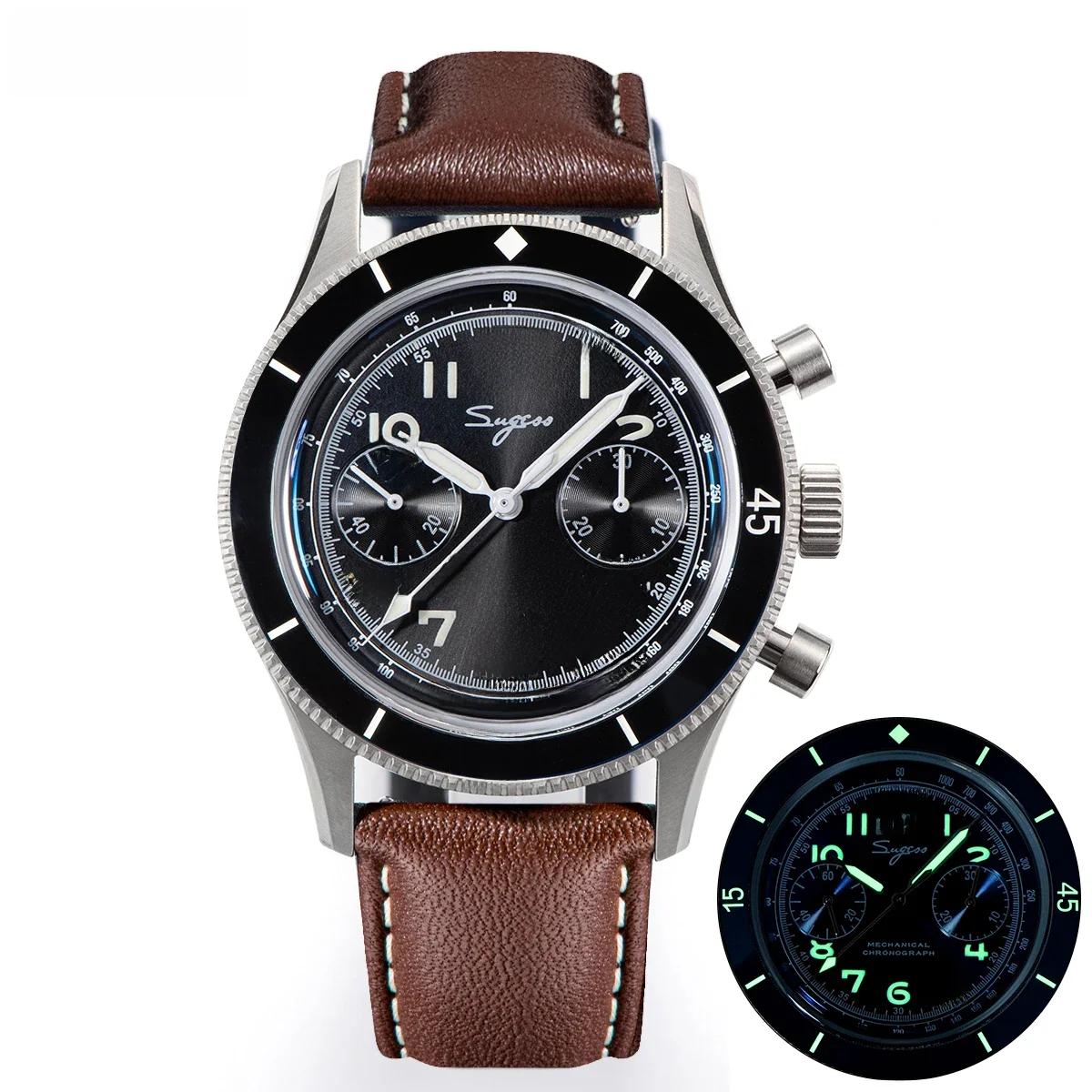 Sugess Pilot Horloge Handopwinder Chronograaf Mechanische Horloges Lichtgevende Skeleton Mannen Horloges Kristal Saffier Leer Nieuwe 2022 - afbeelding 2