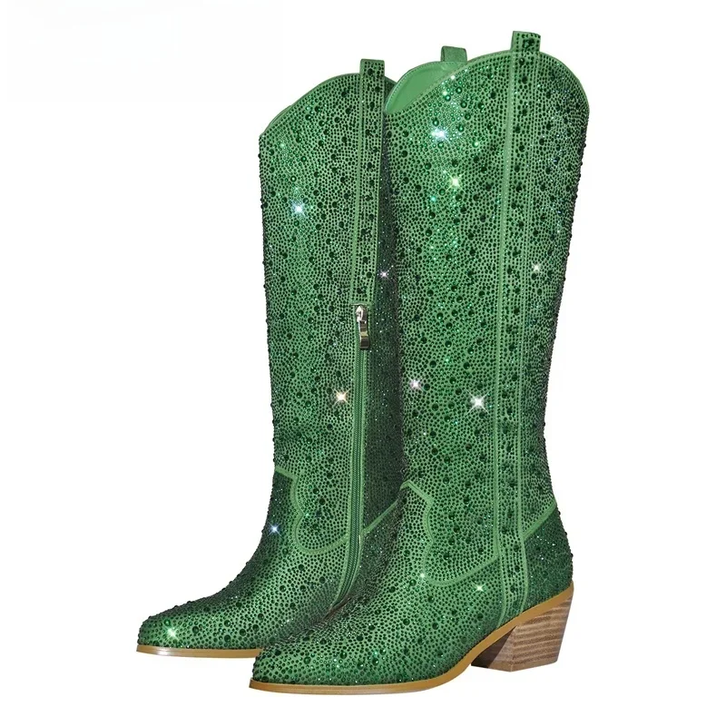 Onlymaker kobiety kryształ górski zielony buty do kolan kowbojki z dalekiego zachodu jasny brokat Bling błyszczące szpiczaste buty na obcasie — zdjęcie 2