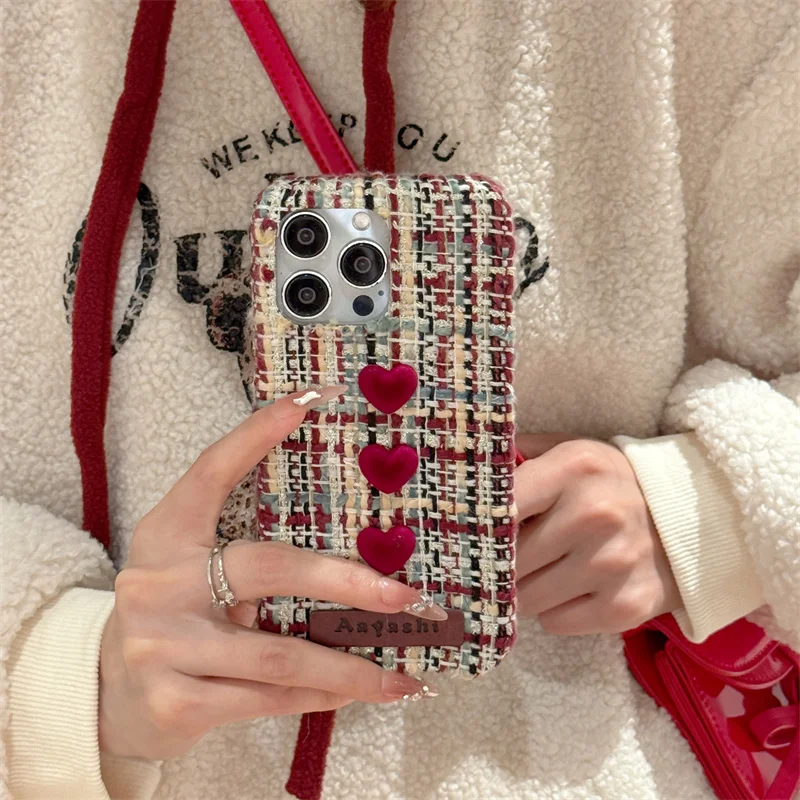 

Light luxury small fragrance 3D love plaid for iPhone 13promax 12 14 15promax 16Pro mobile case plush cute fashion protection