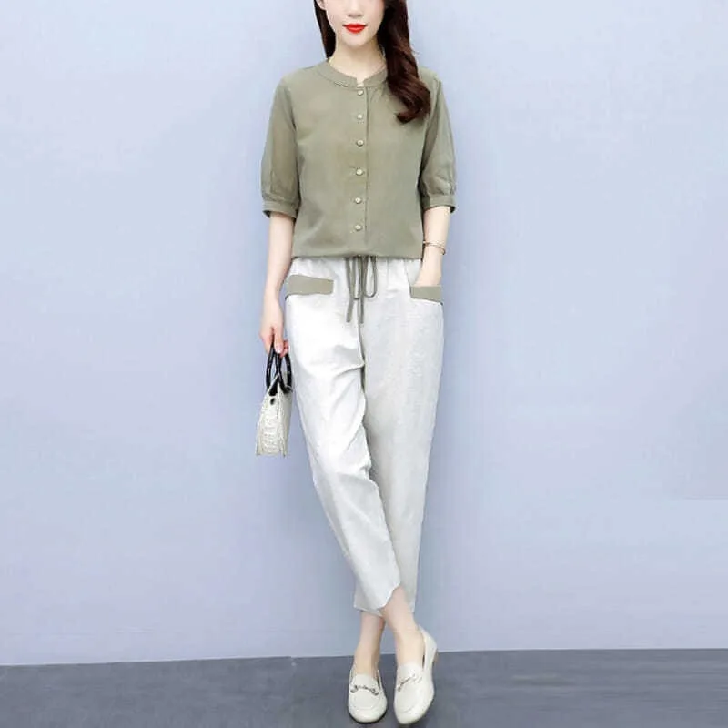 Cotton linen suit women's summer dress 2022 new Korean version loose and thin temperament foreign fashion linen two-piece set