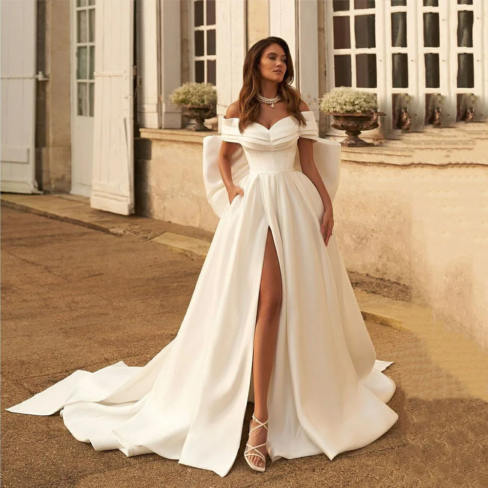 

Msikoods Satin Mermaid Wedding Dresses Brides With Overskirt Side Slit Bridal Dress Off The Shoulder Pleats Bride Gown