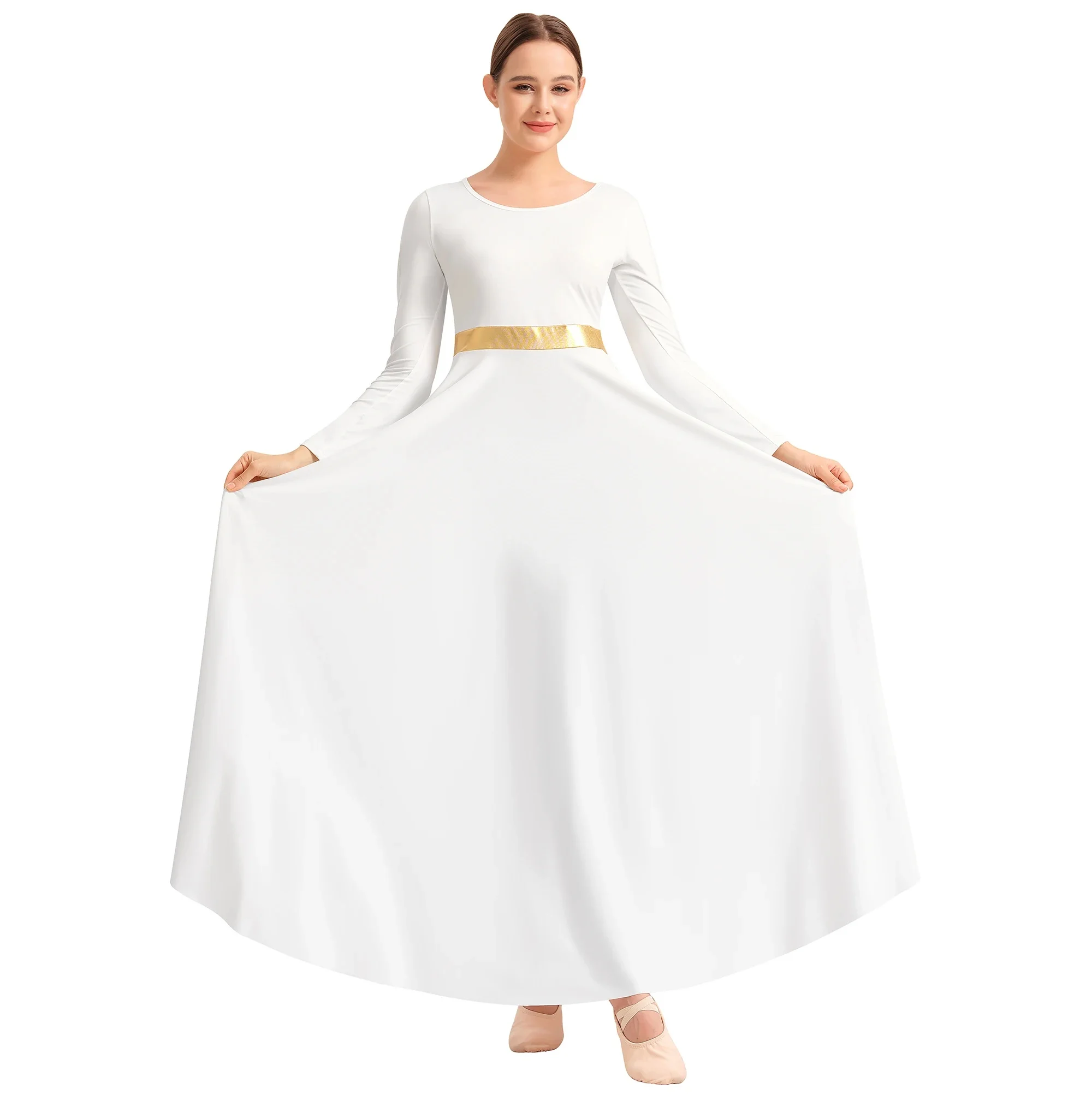 Metallic Lof Dans Jurk voor Vrouwen Lange Swing Liturgische Aanbidding Kerk Gewaad Jurk Lyrische Dancewearl Kerk Gewaad - afbeelding 2