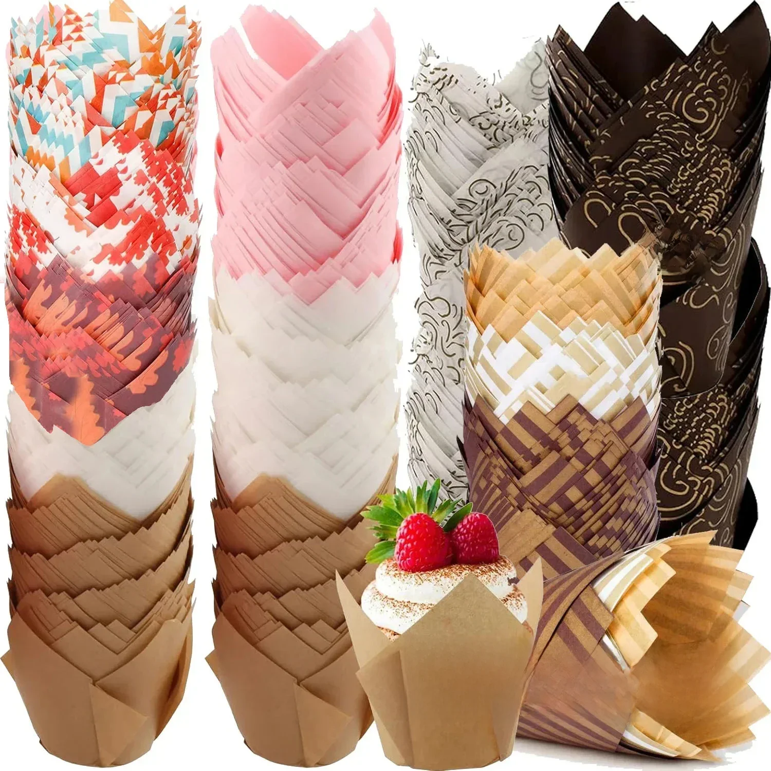 100 pièces tulipe Muffin cas papier Cupcake cuisson tasses résistant à l'huile Cupcakes Liner cuisson Muffin boîte tasse gâteau décoration outil Wrap Case