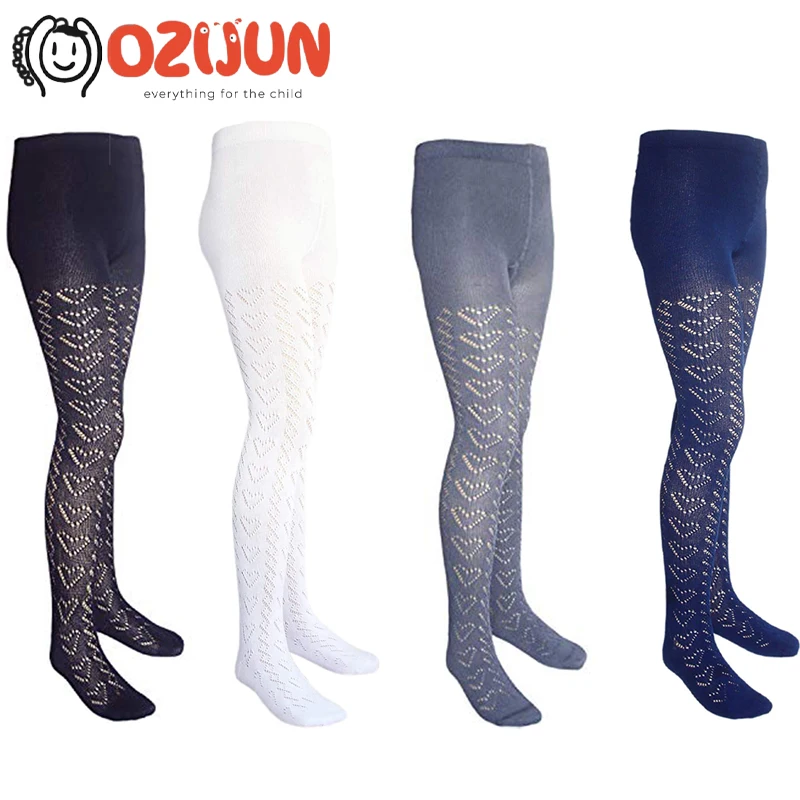 Collants tricotés ajourés en coton peigné pour filles, pull Pointelle, bonneterie ajourée, motif coeur intégral, enfants de 2 à 14 ans, mode