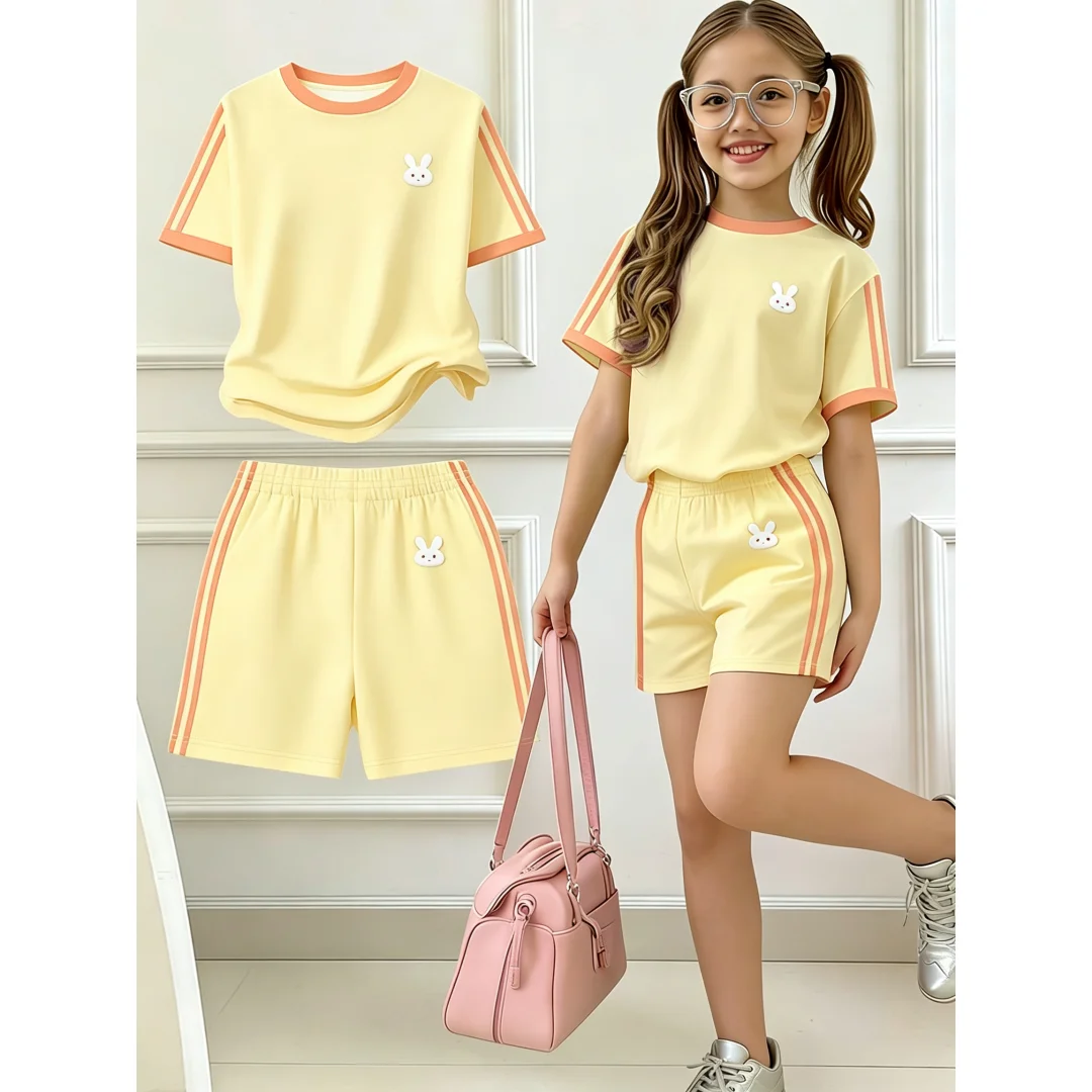 Kinder-Sommer-2-Teiler-Outfit: T-Shirt mit Schleifenstickerei und Streifenmuster, kurzen Ärmeln und Shorts mit elastischem Bund für Mädchen, Sport- und Freizeitkleidung für den Alltag. – Detail 9
