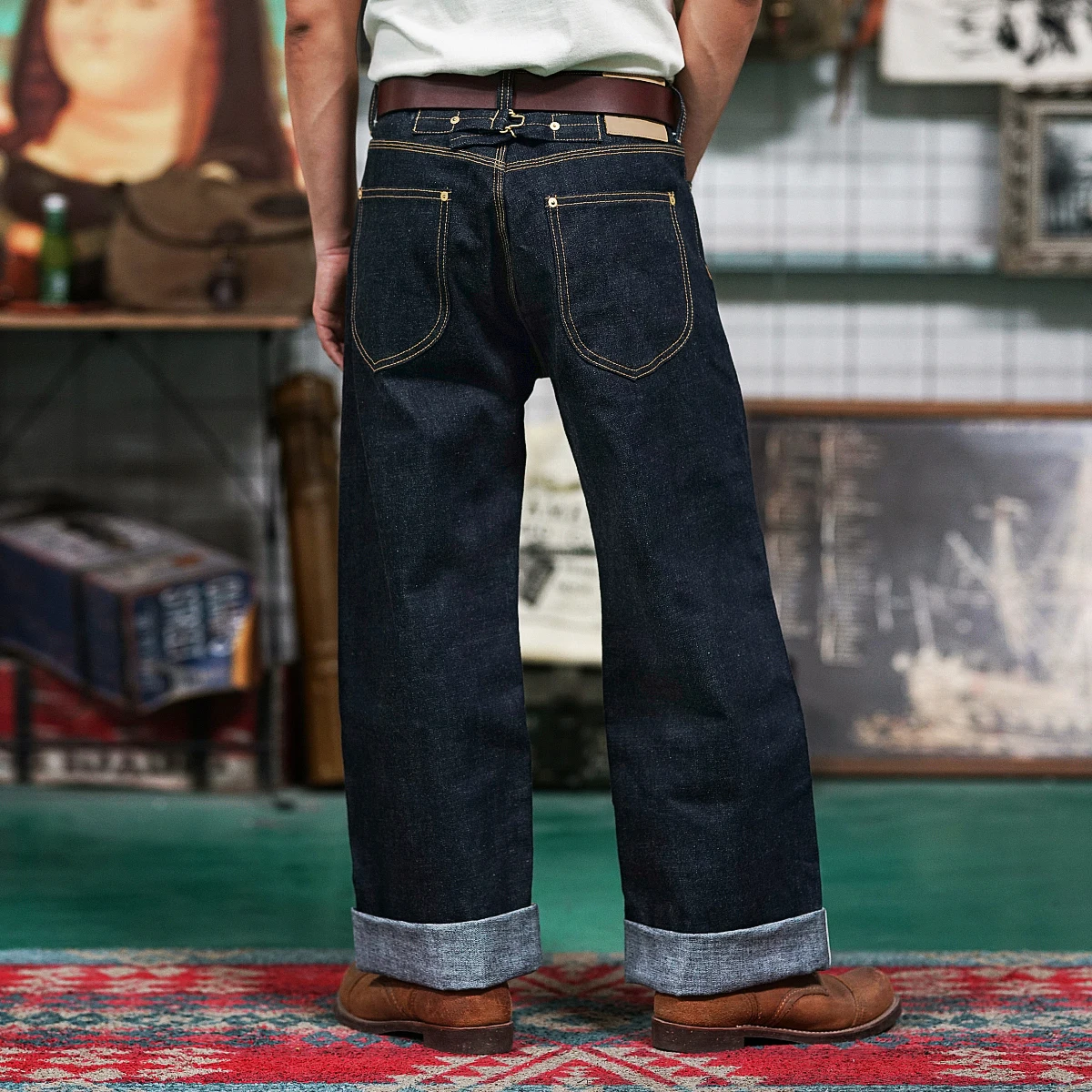 Men’s Vintage Jeans High Waist Loose Straight 17OZ Wide Leg Selvedged Denim Amekaji Cowboy Motorcycle Pants for Male