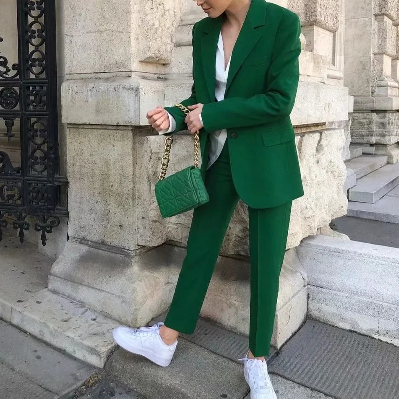 Blazer holgado de dos piezas con botones para mujer, conjunto de chaqueta de oficina elegante con bolsillo, chaqueta verde