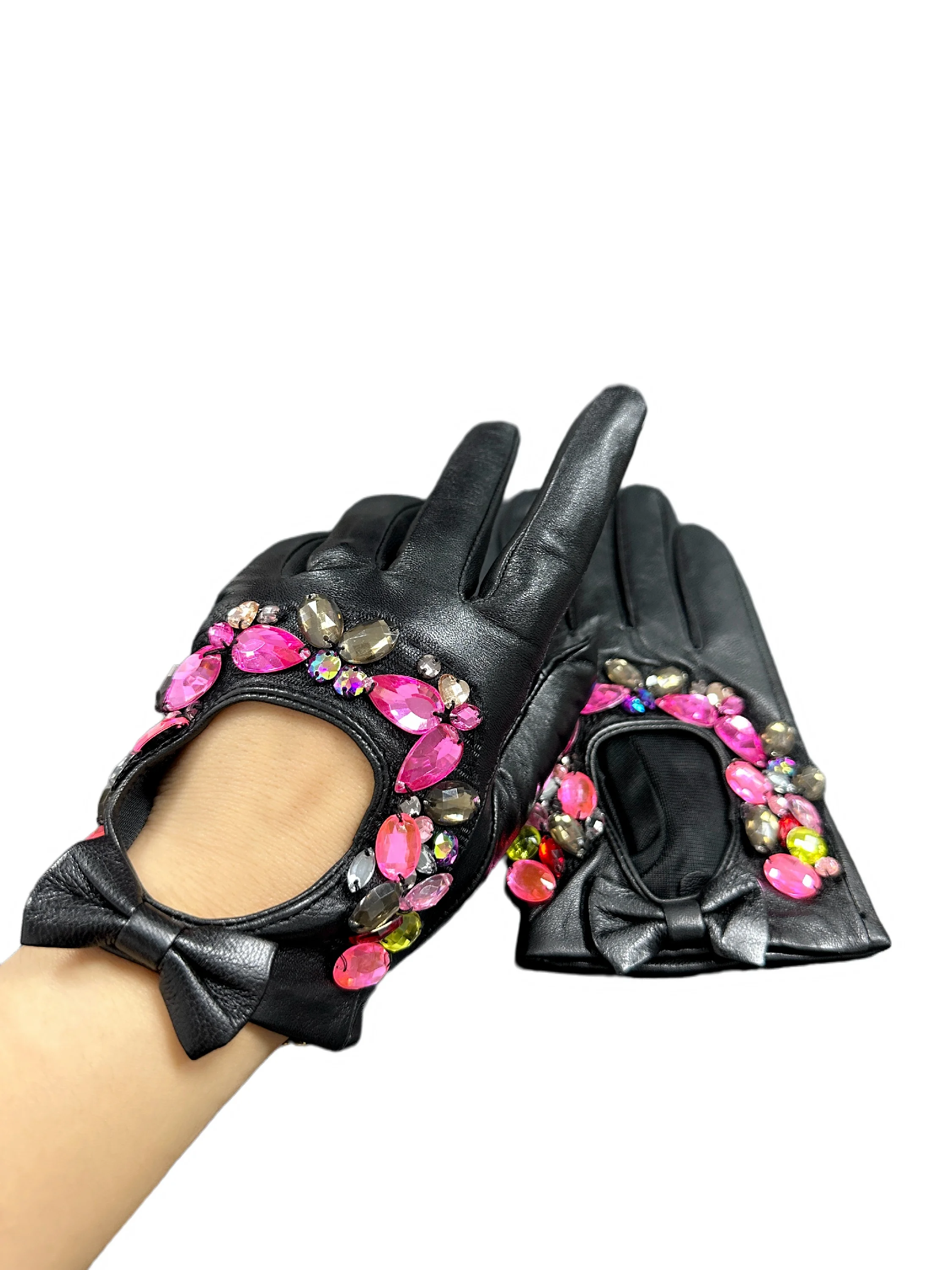 Women's Black Genuine Leather Gloves with Rhinestones Beading Short Gloves Bow Goatskin Touchscreen Winter Warm Driving Glove