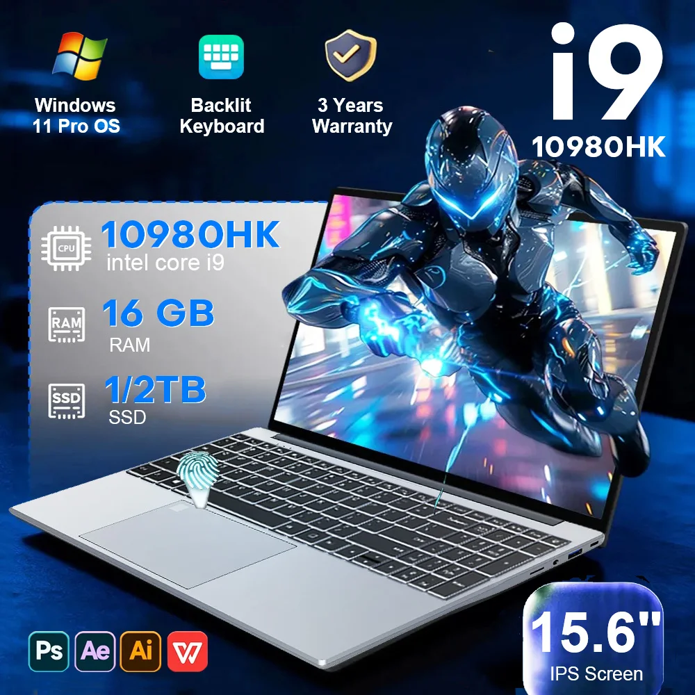 Novo Laptop Gamer de 15.6'' com Intel Core i9 10980HK/i3-6100U, Windows 11 Pro, 16GB de RAM, 1TB SSD M.2, Desbloqueio por Impressão Digital, Teclado