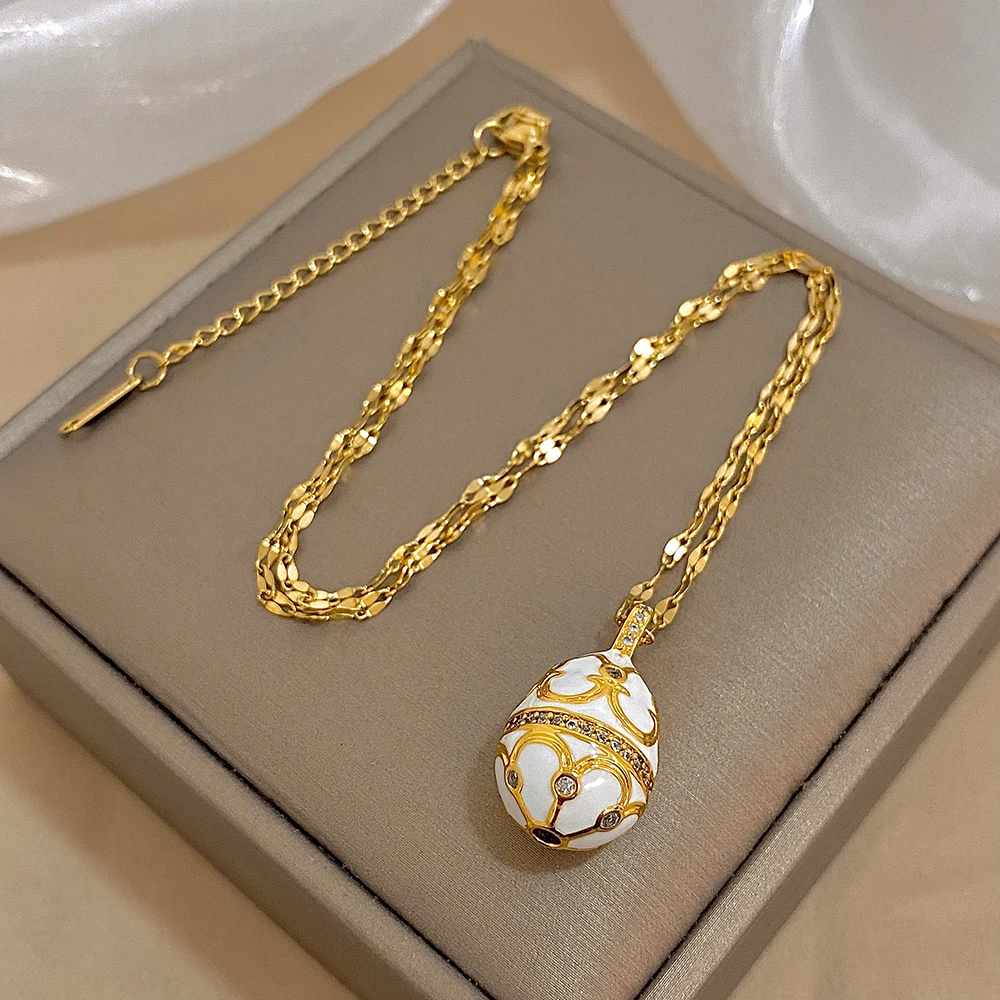 

Freetey Vintage Coloreful Oil Drip Egg Pendant Necklace for Women Waterproof Stainless Steel Chain Choker Female Neck Jewelry