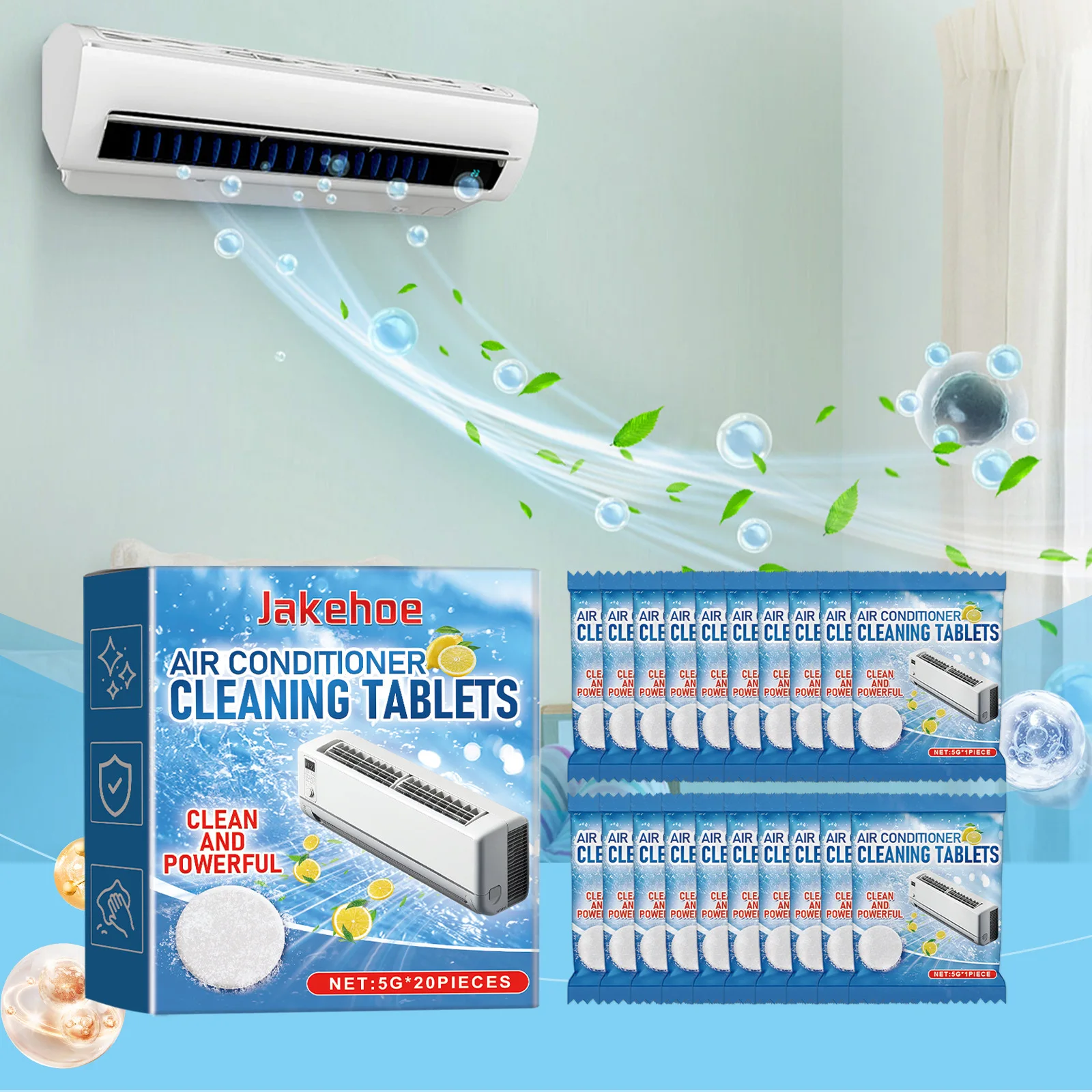 Jakehoe 20pcs Air Conditioner Cleaner Tablets Foam Descaling Condenser Coil Deodorizer Conditioner Maintenance Cleaning Tablets