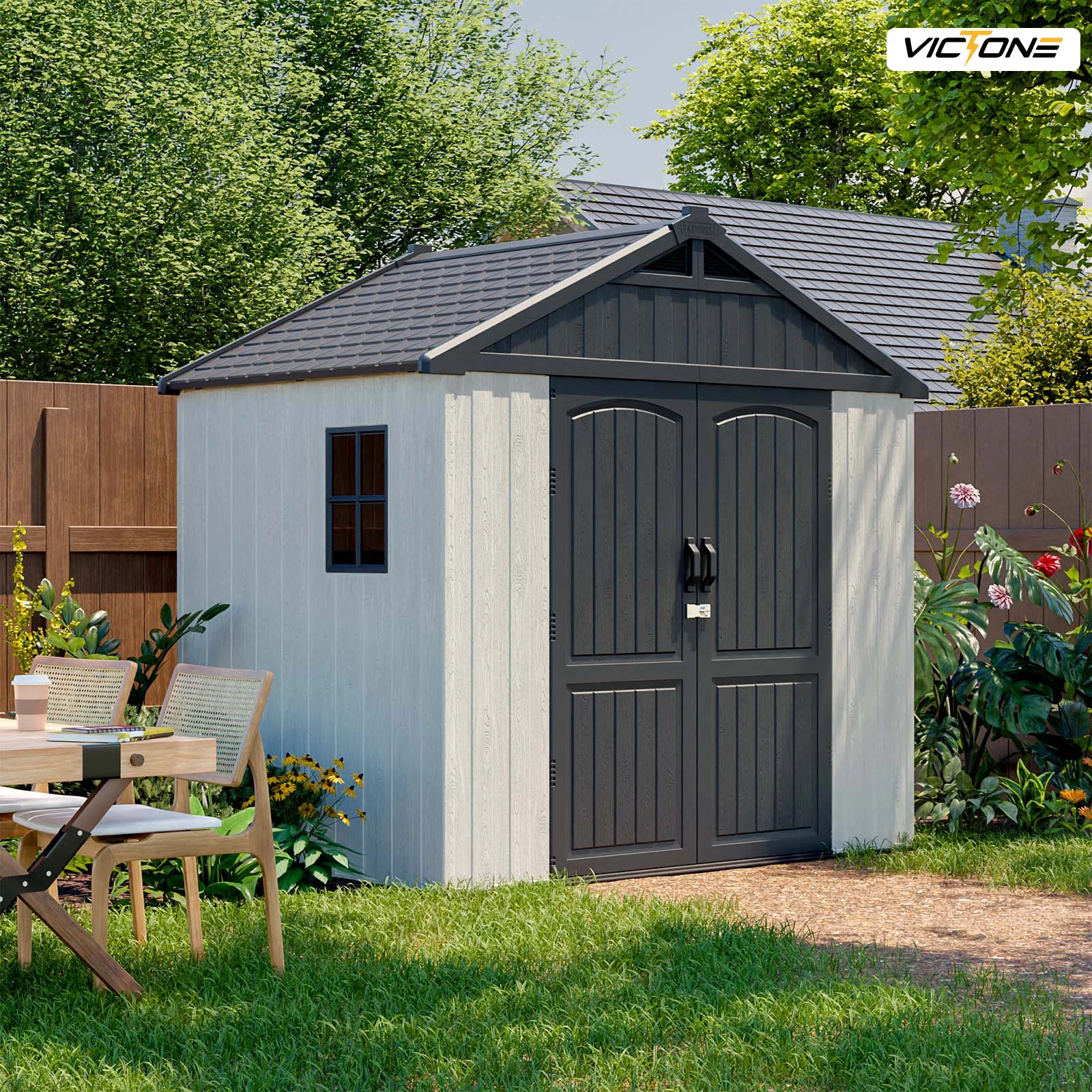 

Victone 8' x 6' Plastic Outdoor Storage Shed with Floor, Resin Shed with Window and Lockable Door for your Garden, Off White