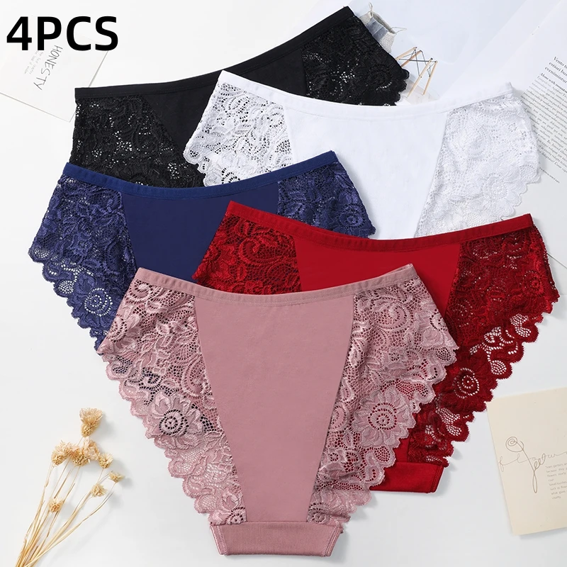 4PCS/Set Luxury Floral Embroidery Lace Panties Women Briefs Sexy Hollow Lingerie Female Underwear Ladies Breathable Underpants