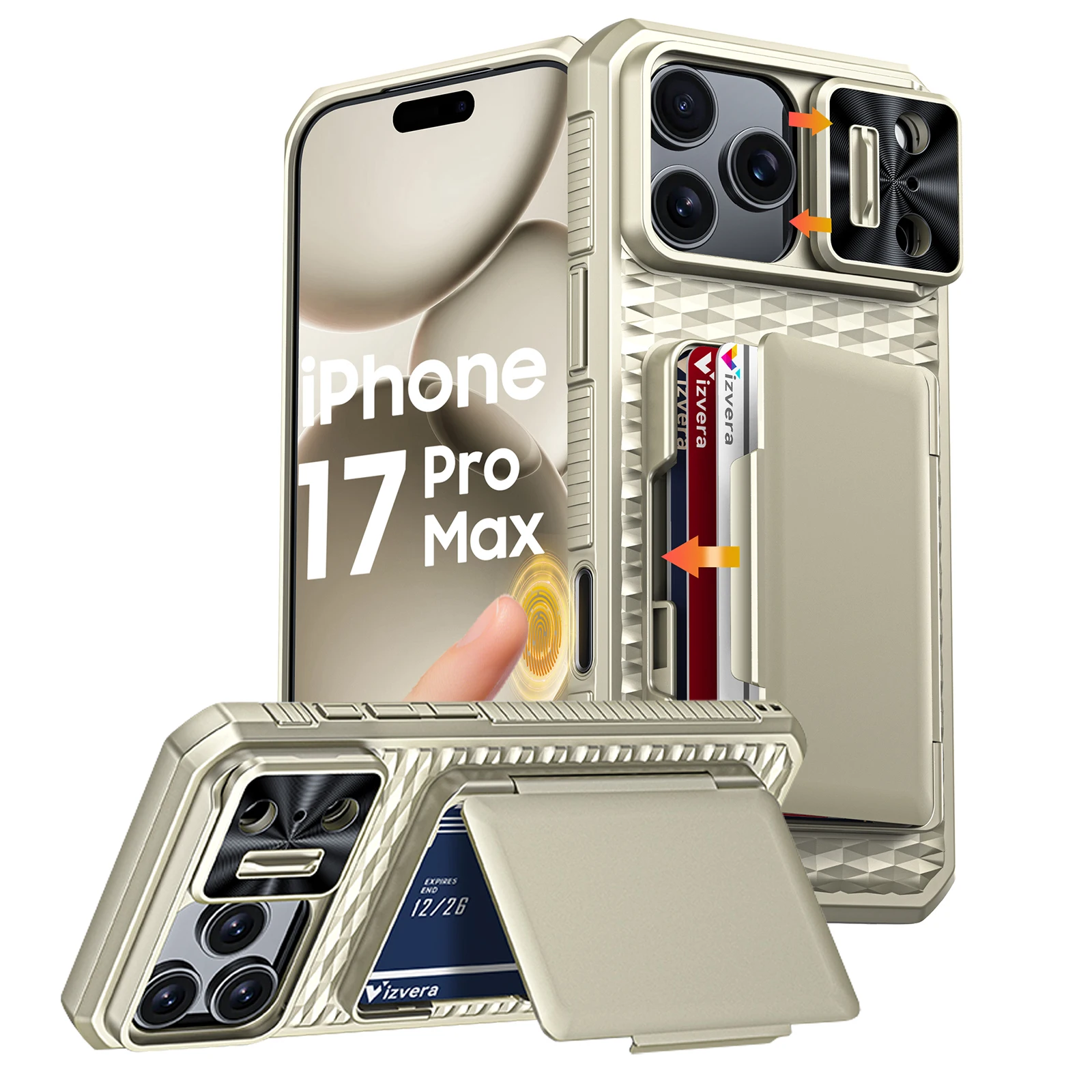 Met kaarthouder, verschuifbare camerahoes en standaard voor iPhone 17 Pro/17 Pro Max telefoonhoesje, anti-val pc + TPU portemonnee-hoesje-oranje