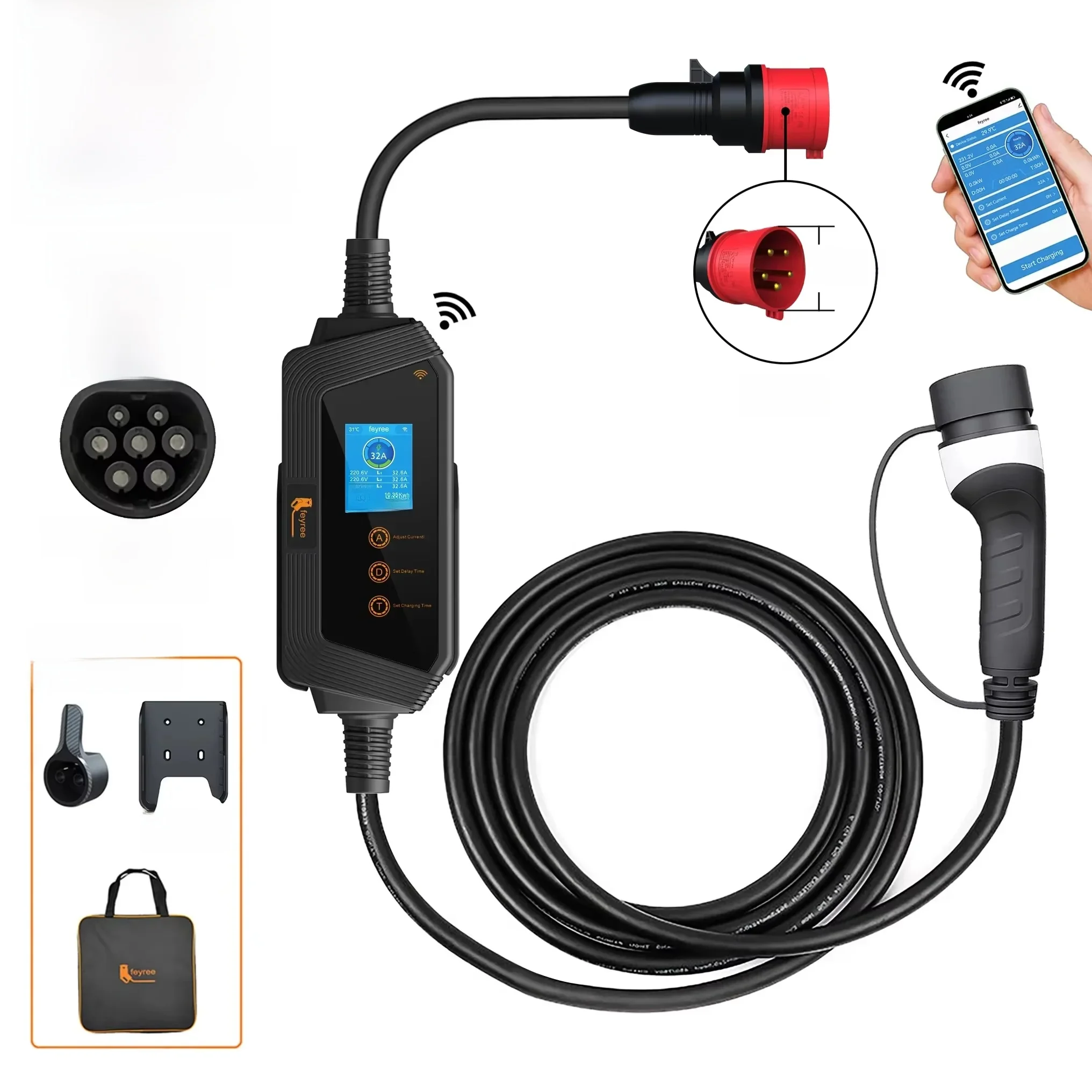 Feyree 22KW 32A 3-Phasen Typ2 Tragbares EV-Ladegerät mit WLAN-App-Steuerung EVSE-Ladebox Ladestation für Elektroauto-Ladegerät