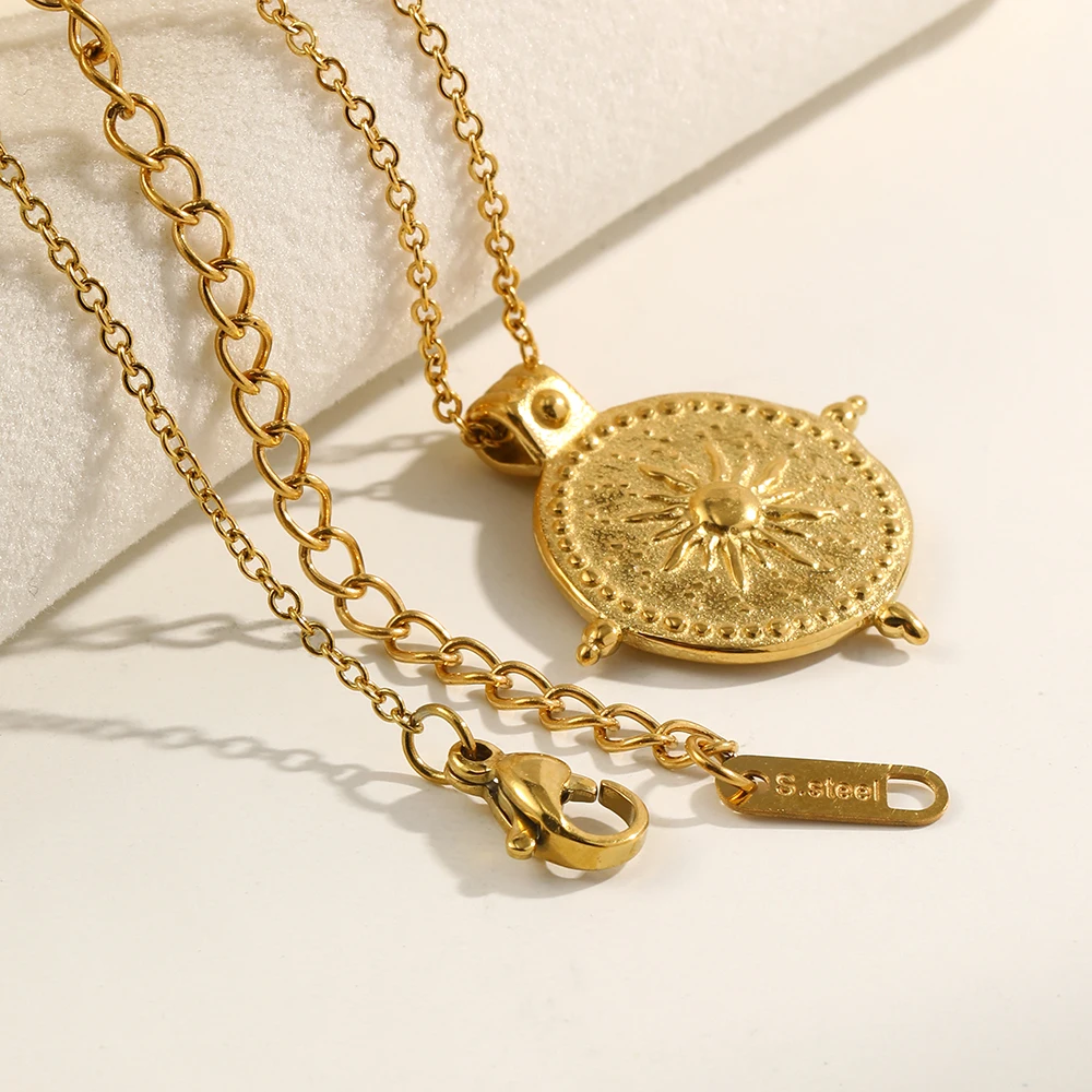 E.B.belle Frosted Surface Acient Sun Compass Pendant Necklace For Woman Ladies New Stee PVD Plated Coin Necklace Gold Jewelry