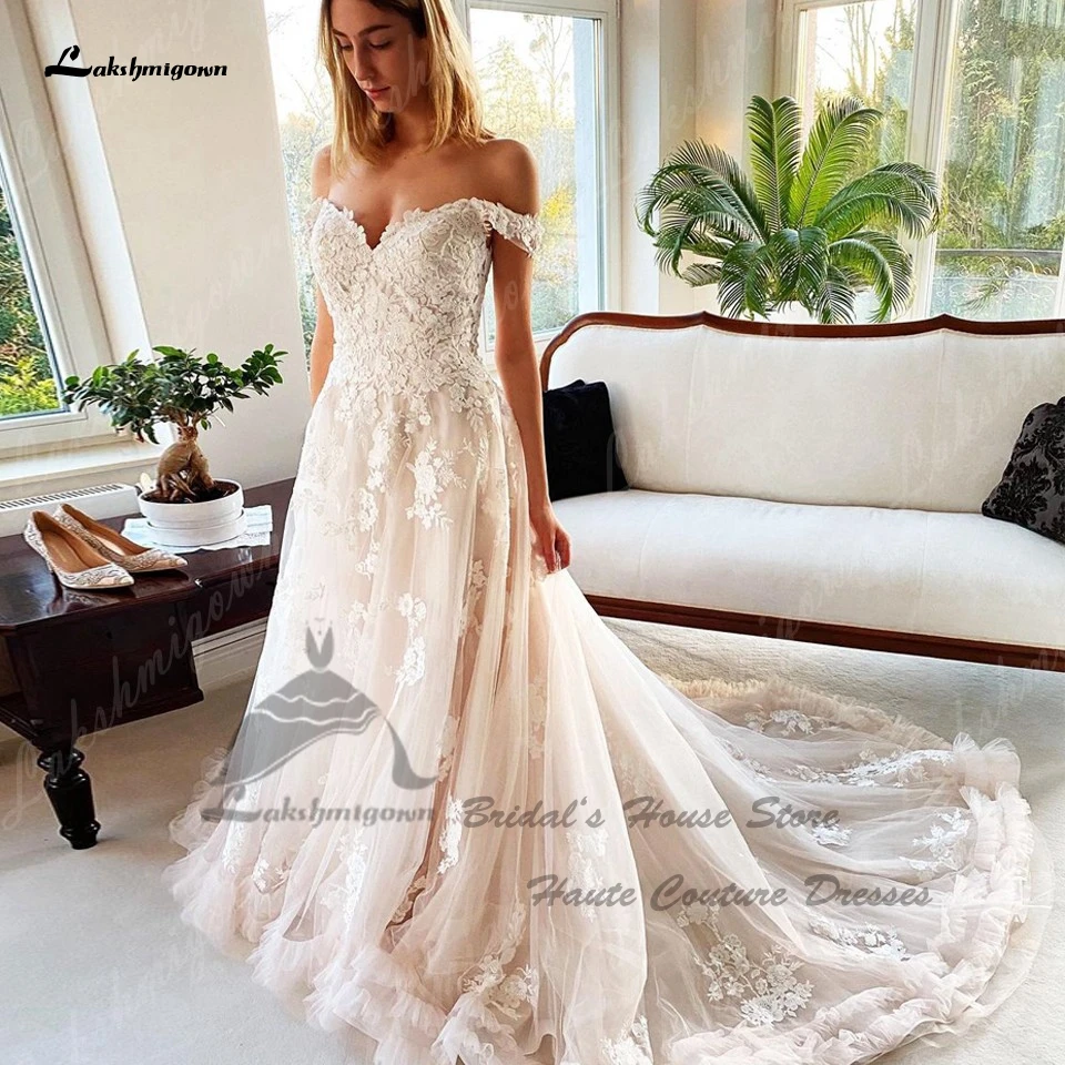 Lakshmigown Off De Schouder Prinses Vrouwen Bruidsjurken 2023 Luxe Kant Champagne Bridal Boho Trouwjurk Custom Made