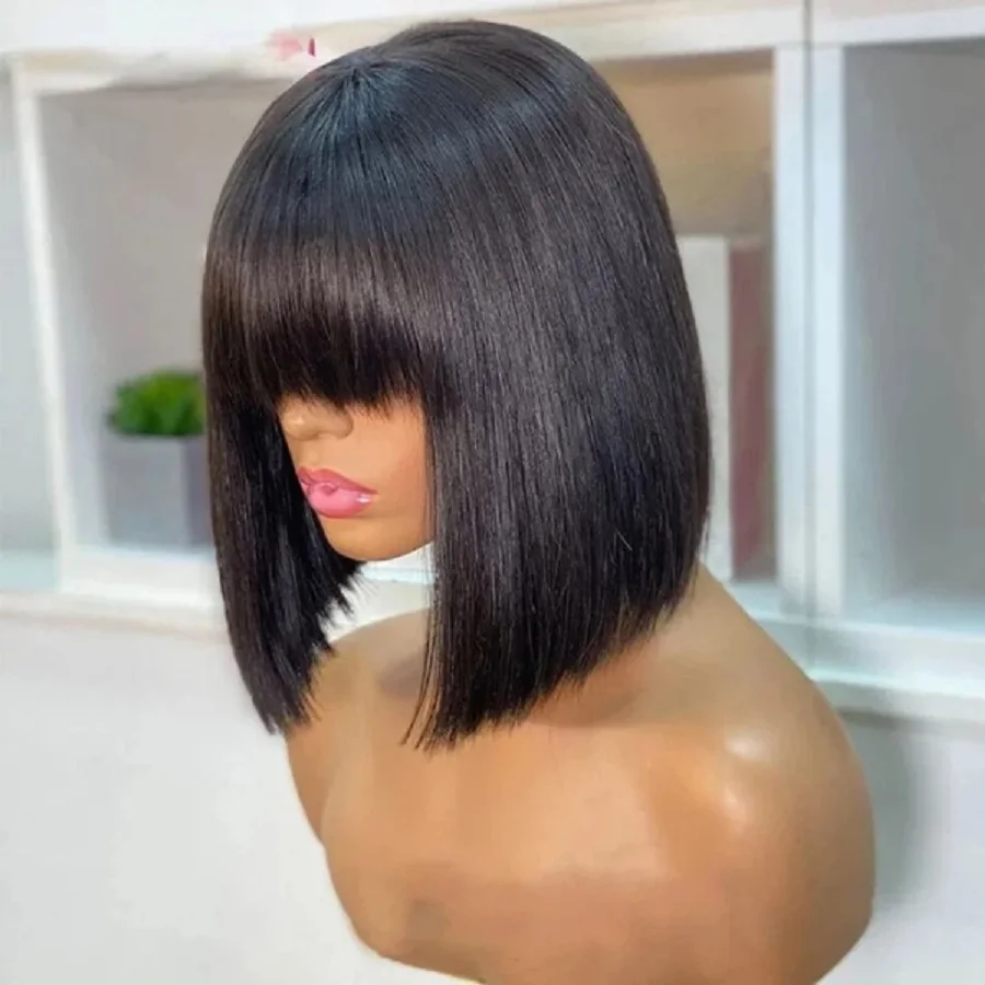 Short Bob Wig With Bangs 8-14 Inch Full Machine Made Bob 100% Human Hair Top Quality Wigs Silky Straight Brazilian Wigs On Sale