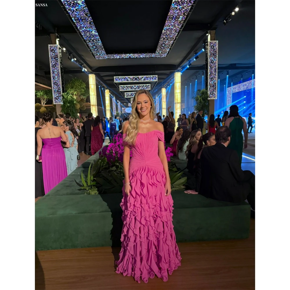

Sansa Customized Magenta A-Line Off the Shoulder Ruffle Prom Dress Sleeveless Vestidos De Noche Floor-Length Formal Evening 2026