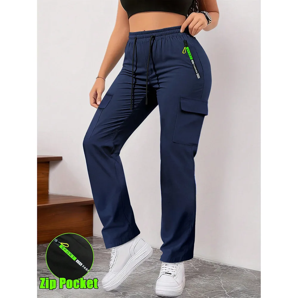 Schlanke Einfarbige Cargo-Hose für Damen Frühling Buchstabendruck Patch Schickes Design Freizeithose Büro Mode Reißverschlusstasche Gerade Hose – Detail 9