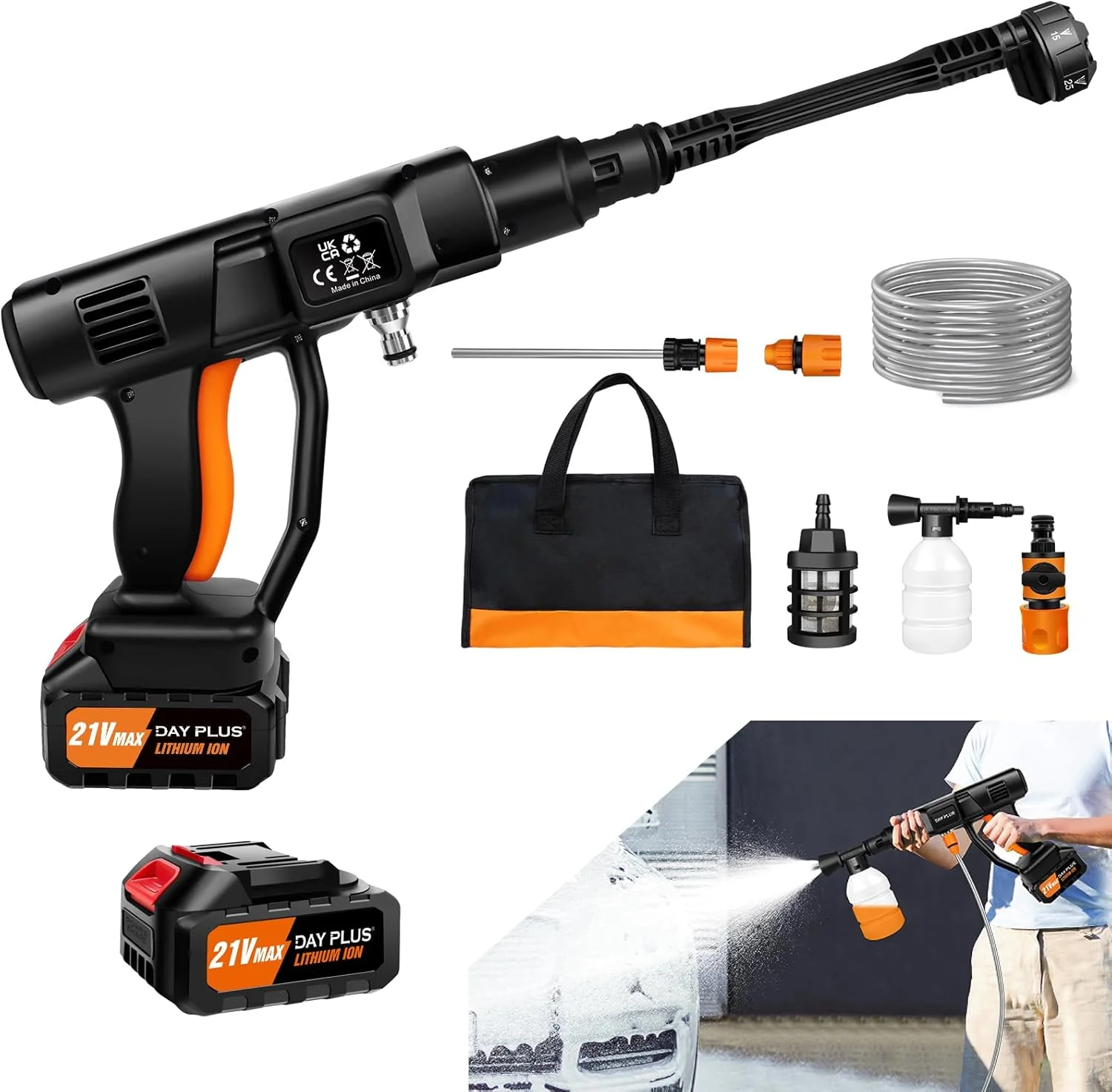 Nettoyeur haute pression sans fil sans balais, nettoyeur haute pression portable 21V avec batterie 3.0Ah, buse réglable 6-en-1, tuyau de 5m pour le nettoyage et l'arrosage des voitures, des sols et des jardins