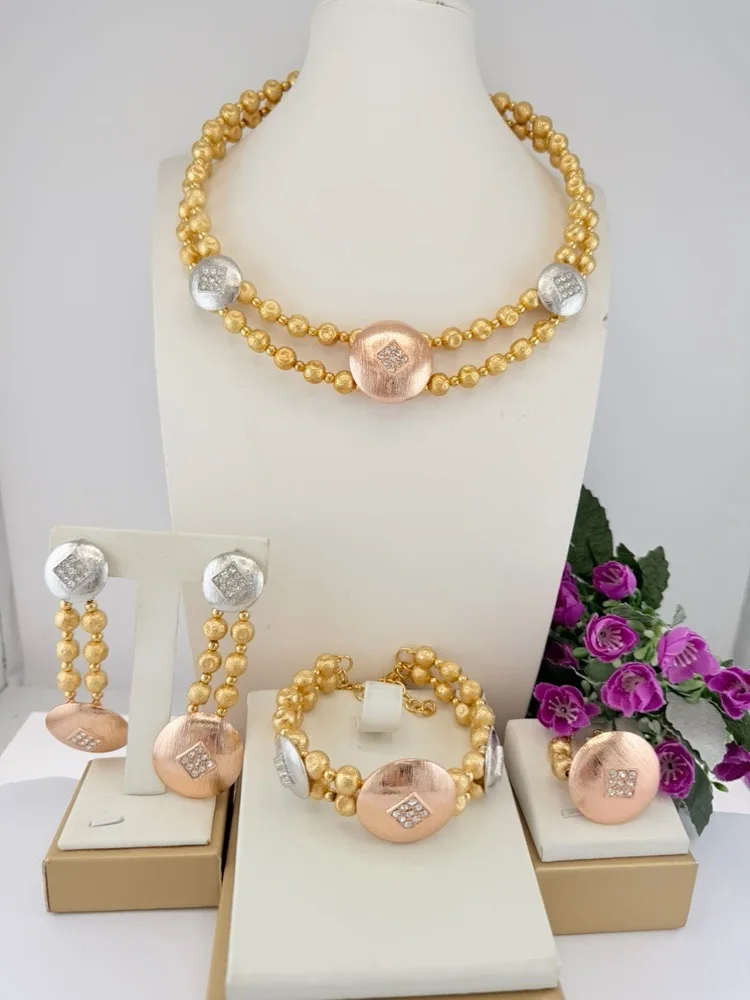 Luxury Three Tone Round Beads Jewelry Set Beautiful Textured Necklace Bracelet Earrings Ring 4PC Jewellery for Wedding Party