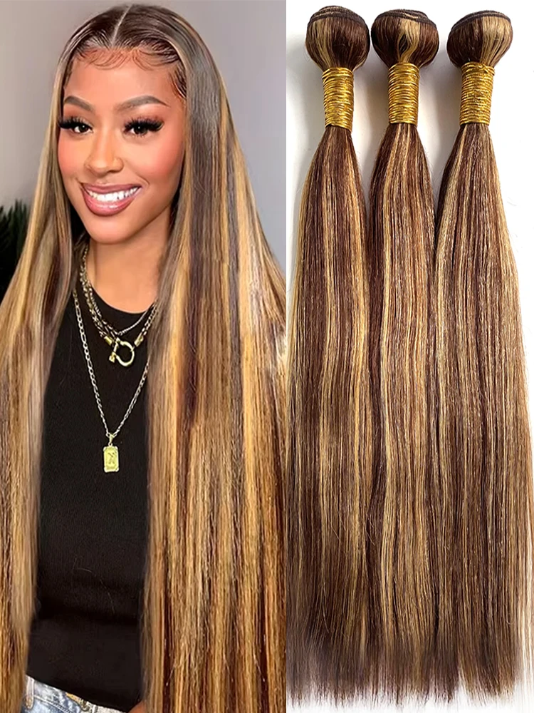 Brazilian Highlight Bundles Straight Human Hair Bundles With Frontal 13x4 Front P4 27 Ombre Human Hair Weave Bundle With Closur