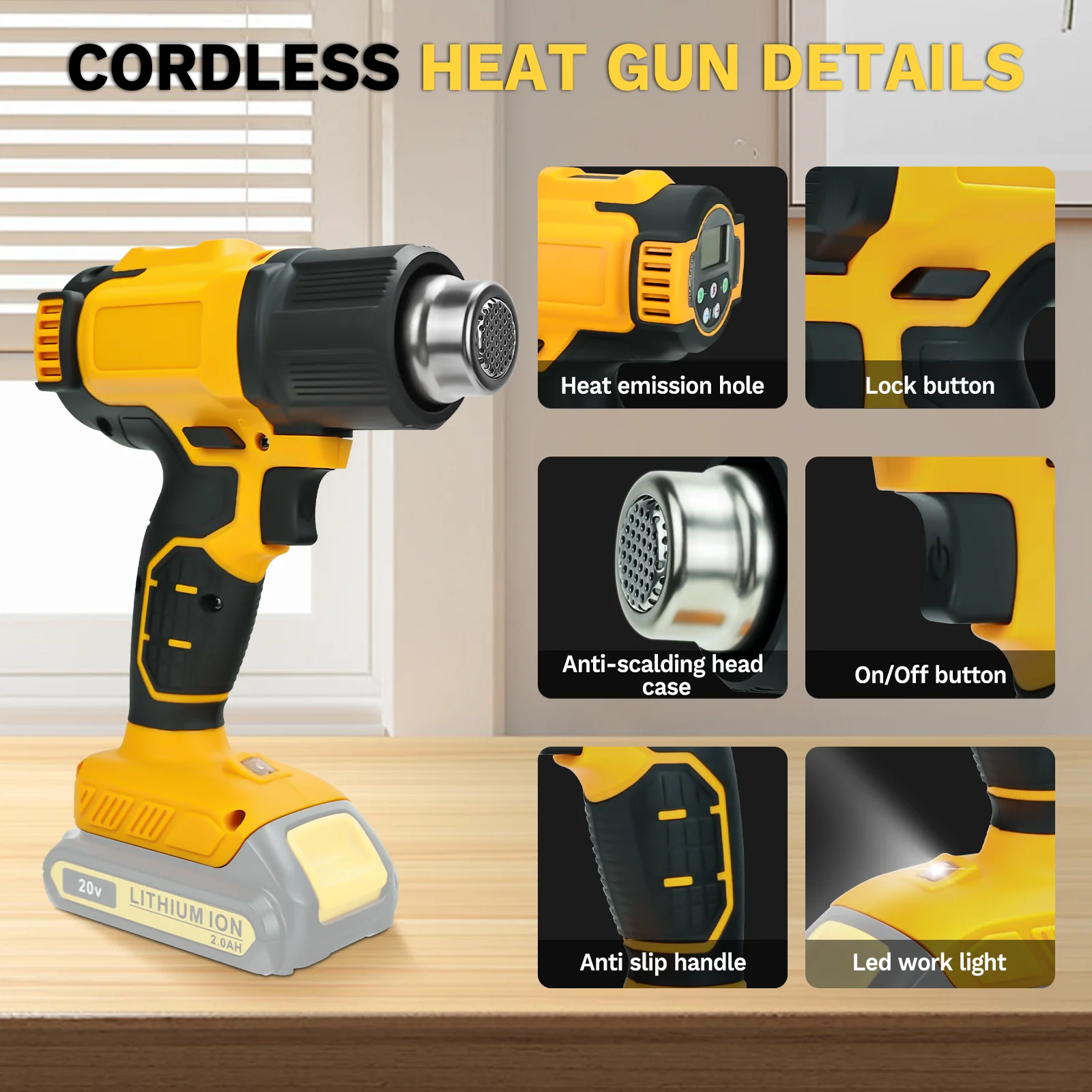 300W 540℃ Cordless Heat Gun with 5 Nozzle & LCD Digital Display Shrink Wrapping Hot Air Gun for Dewalt 20V Battery (No Battery)