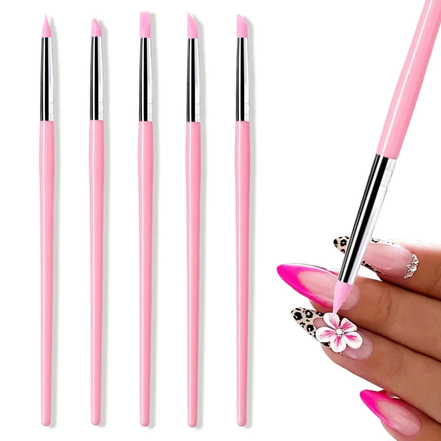 Brosse à ongles en Silicone, 5 pièces, Sculpture, gaufrage, Gel creux façonnant, rose, stylo de Sculpture pour Nail Art, pinceaux de dessin