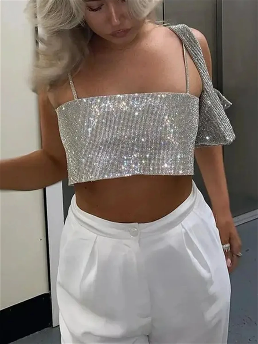 Wsevypo Chic Glitters Spaghetti pasek Camisole Shiny Bandeau topy typu tuba moda kobiety Sling krótkie bluzki do klubu na imprezę topy w stylu