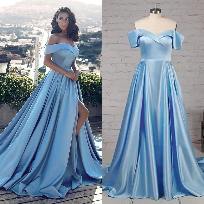 

Spaghetti Straps High Side Slit Off Shoulder Satin A-Line Formal Evening Gowns Wedding Bridesmaid Dresses Custom Made