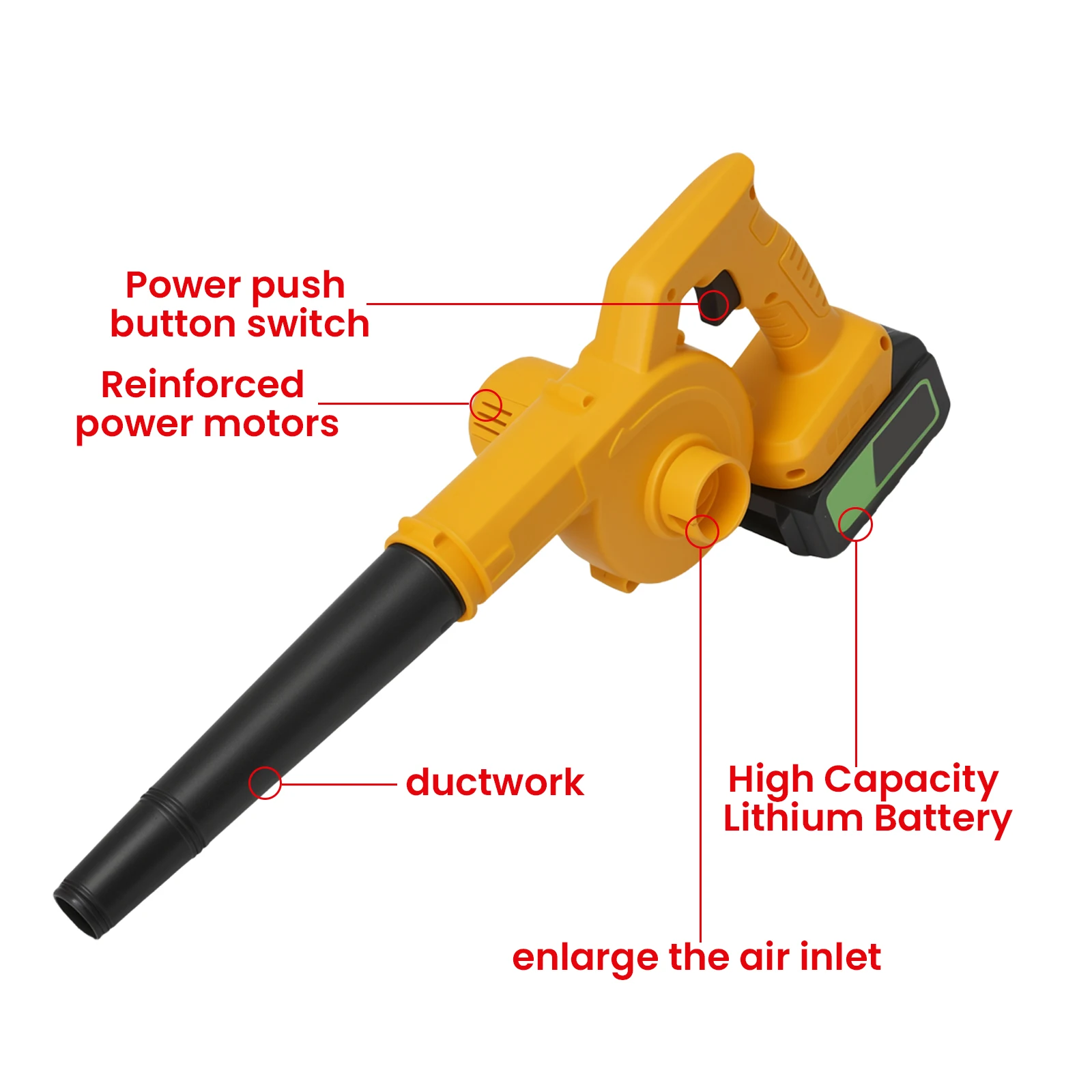 منفاخ أوراق الشجر الصناعية 550 وات 23000 دورة في الدقيقة، منفاخ/فراغ قوي محمول باليد مع بطارية قابلة لإعادة الشحن للأماكن الخارجية