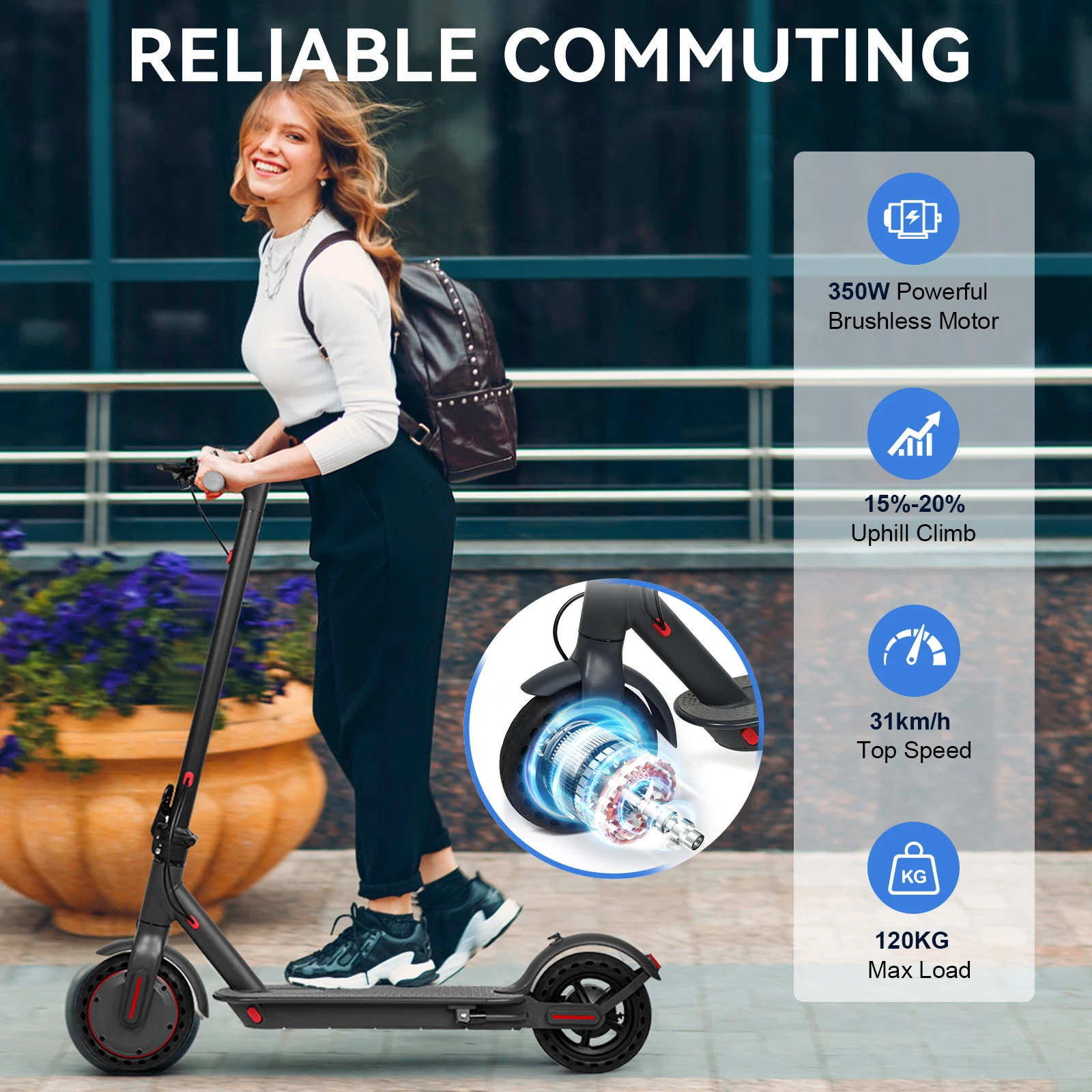 Oakeroo Electric Scooter 31KM/H Speed 15KM Long Range 8.5Inch Solid Tires Foldable Smart APP EScooter