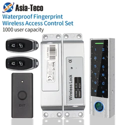 All Wireless Set Built-in Battery Access Control Kit Wire Free Fingerprint Keypad + Bolt Lock+Exit Switch +Remote Transmitter