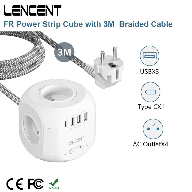 LENCENT FR Power Strip Cube with 4 AC Outlet 3 USB Port 1 Type C 3M Braided Cabe Multi Socket Power Adapter with Switch for Home