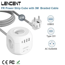 LENCENT FR Power Strip Cube with 4 AC Outlet 3 USB Port 1 Type C 3M Braided Cabe Multi Socket Power Adapter with Switch for Home