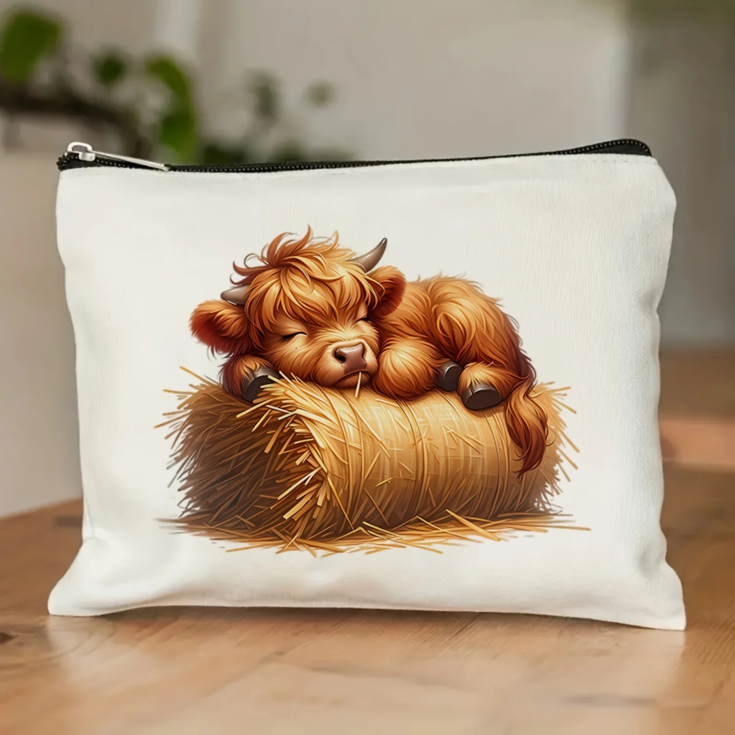 1Pc Cute Highland Cow Retro Design Makeup Bag, Snack Storage Bag, Stationery Storage Bag, Fashionable Toiletry Bag, Canvas Double-Sided Printing, Multifunctional Travel Storage Bag